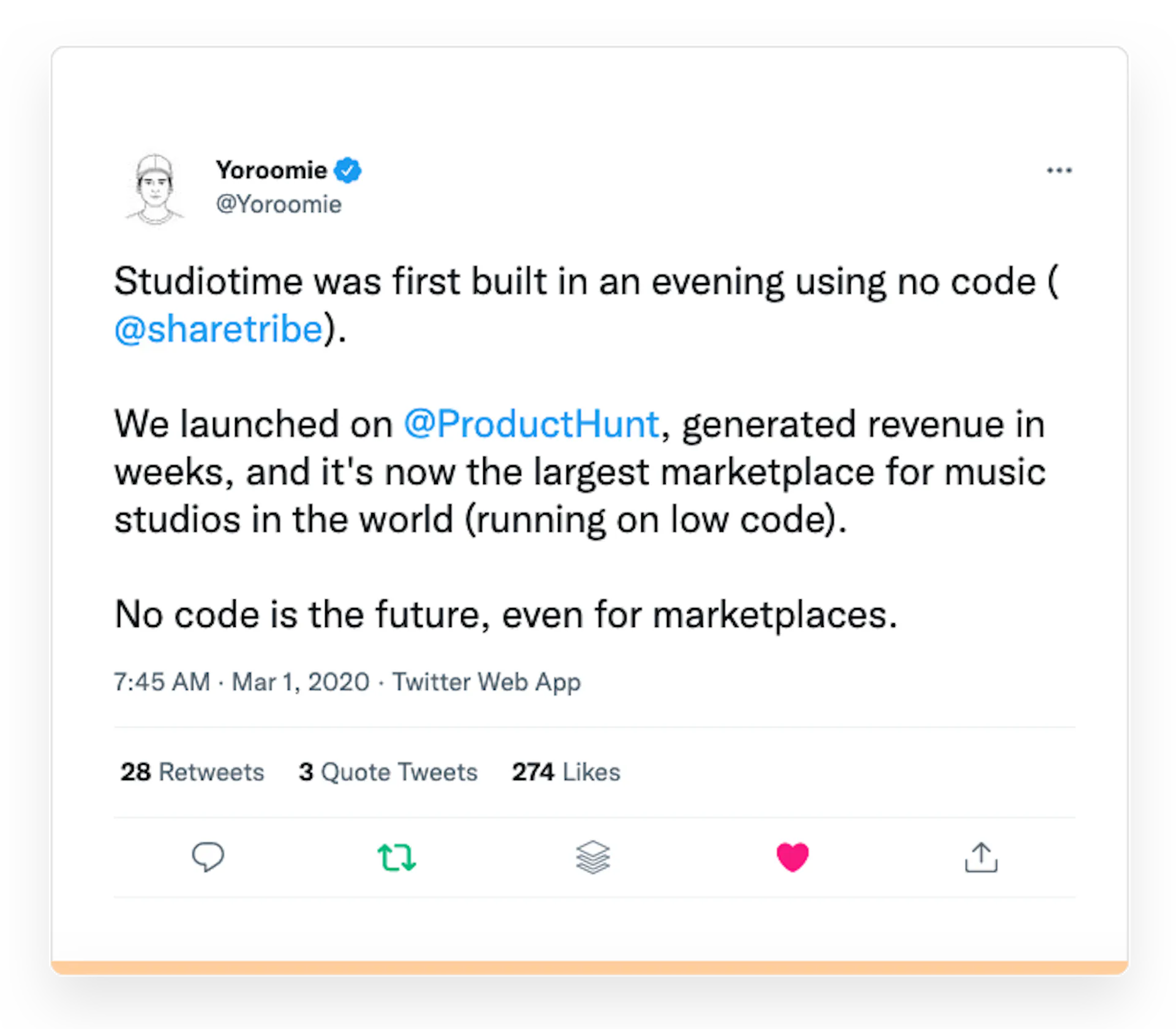 Screenshot of a tweet by Studiotime marketplace founder Mike Williams