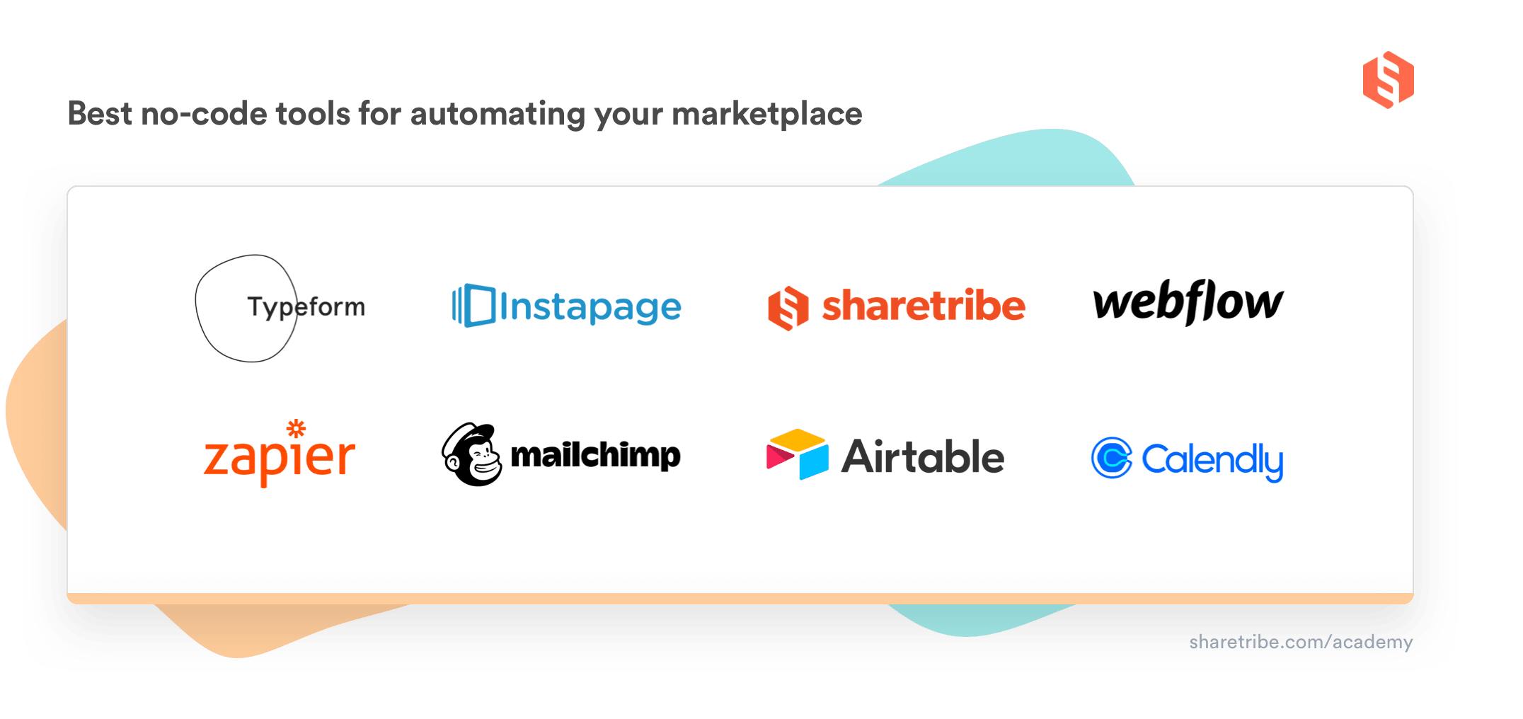 Logos of 8 no-code tools for automating a marketplace.