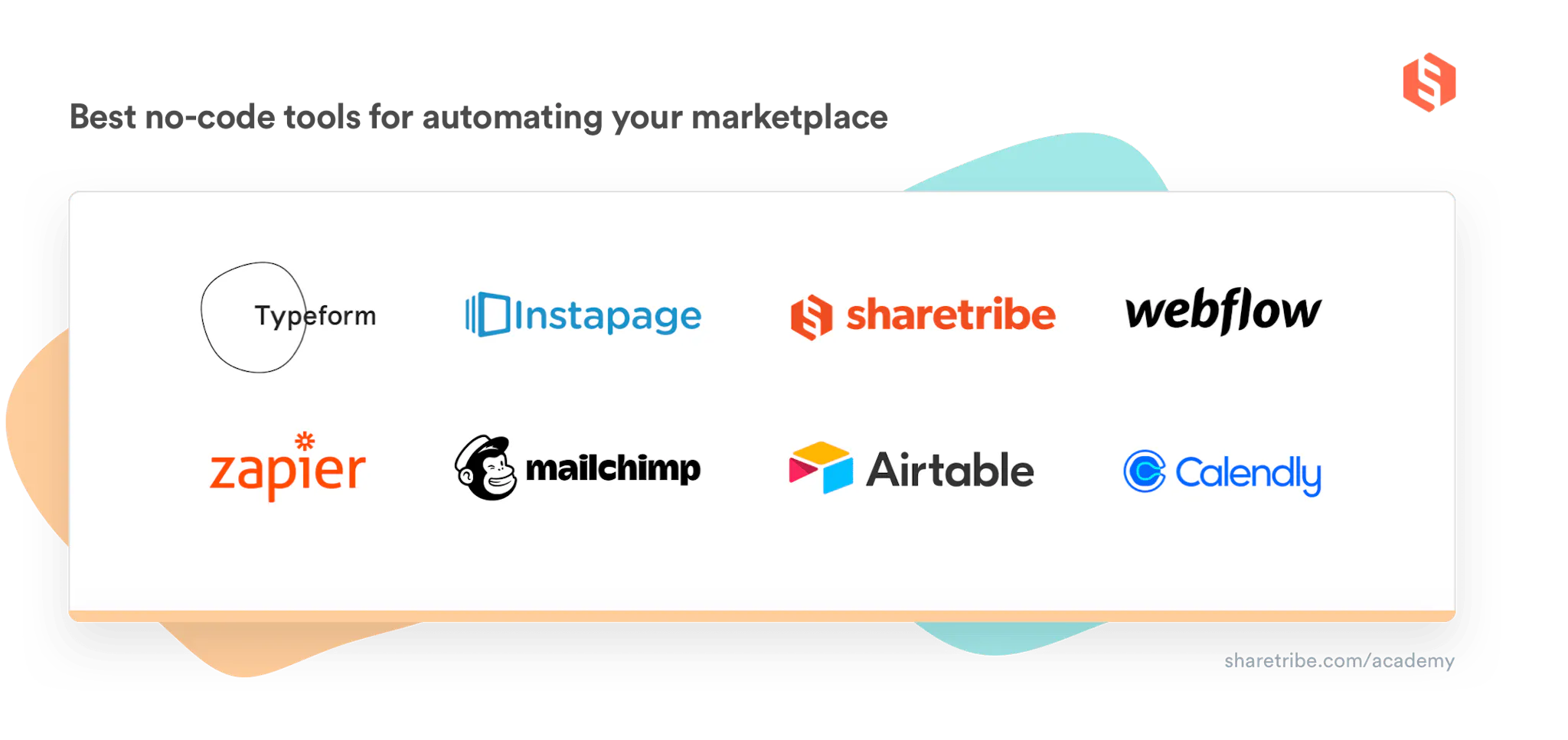 Logos of 8 no-code tools for automating a marketplace.