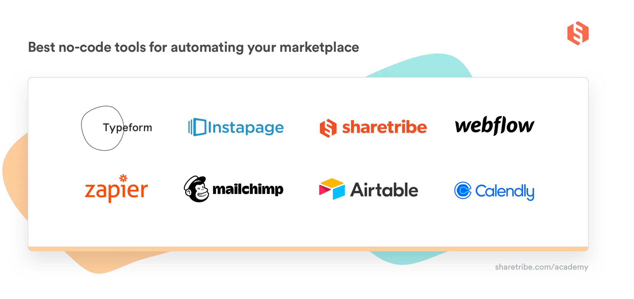 Logos of 8 no-code tools for automating a marketplace.
