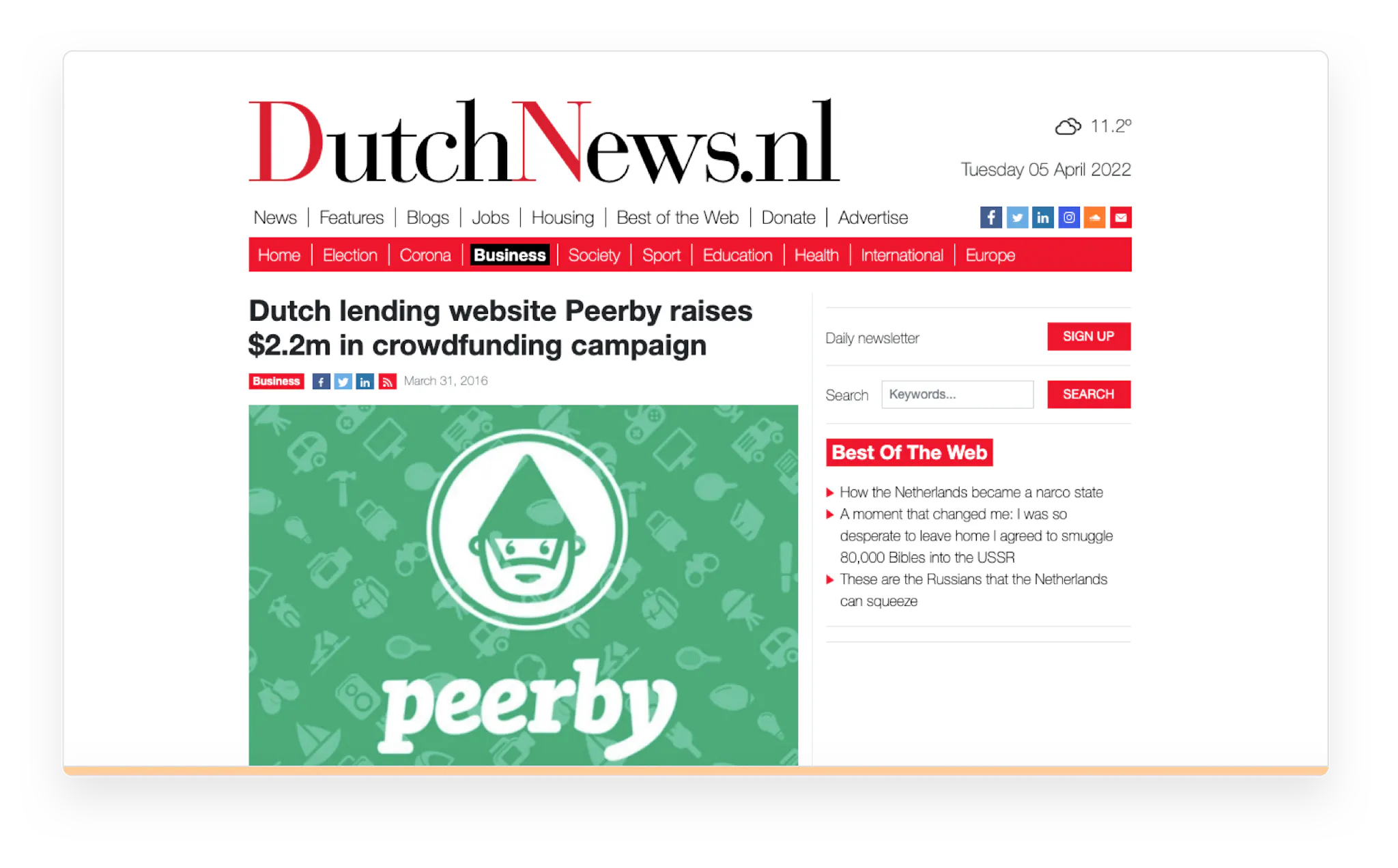 Screenshot of Peerby marketplace's crowdfunding campaign featured on Dutch News.