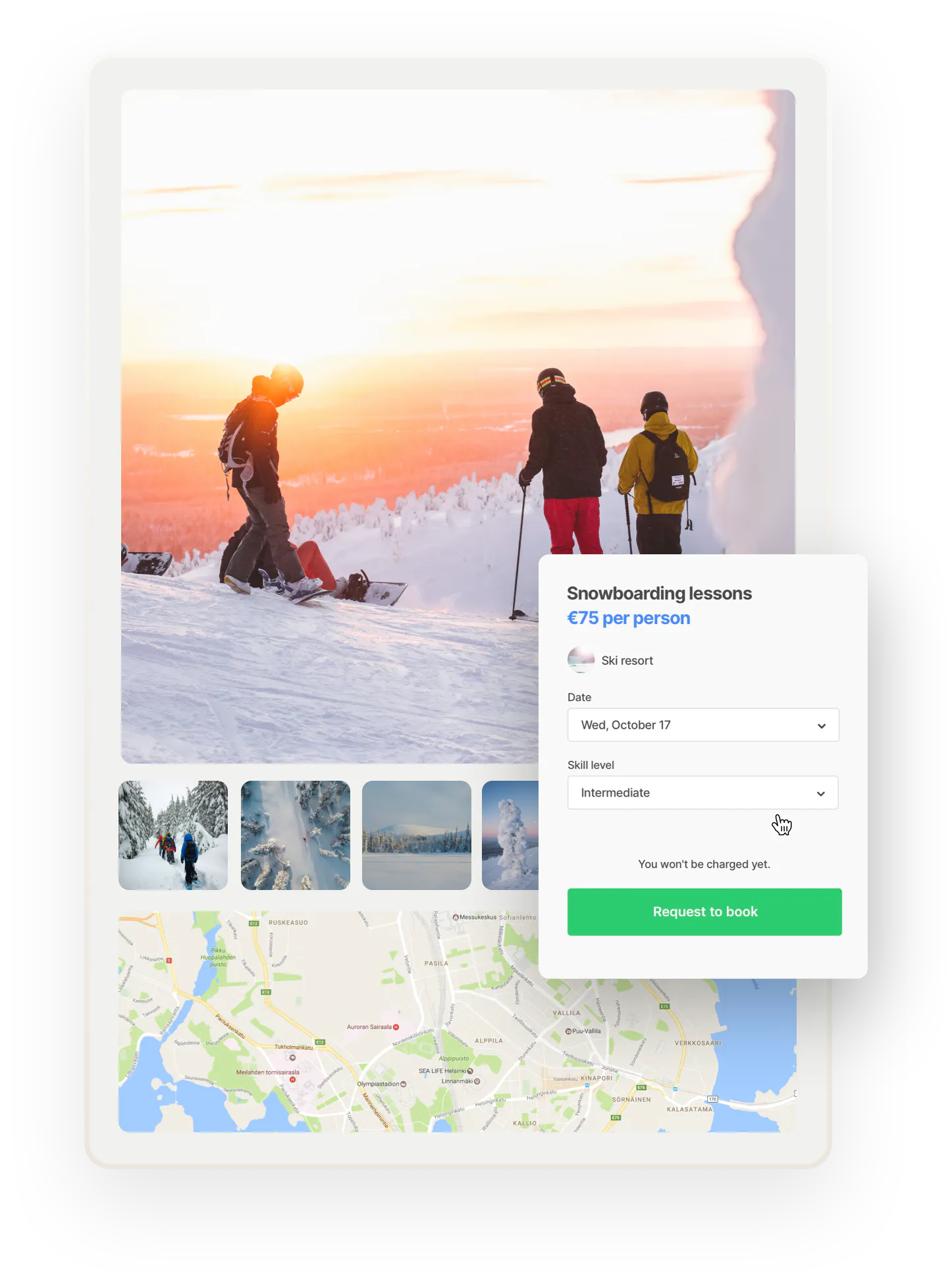 Skiiers and snowboarders at the top of a ski slope at sunset. Below are other images of wintry Finnish Lapland and a map. Overlaid is a booking form for snowboarding lessons.