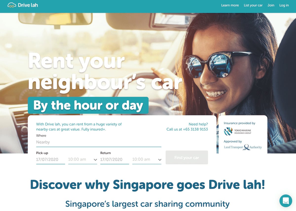 Screenshot of the homapage of Drive lah, a two-sided marketplace for car sharing powered by Sharetribe