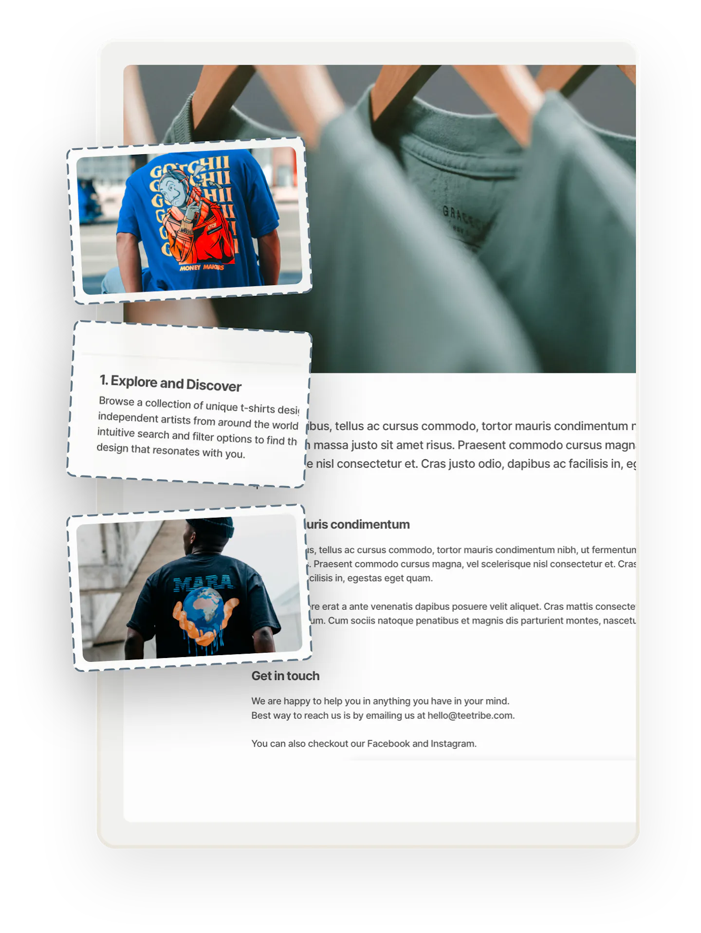 A sample page on a marketplace. At the top, a close-up image of three green t-shirts on wooden hangers. Below, there's classic Lorem ipsum text. Images of people wearing t-shirts and a box of text are overlaid on top.