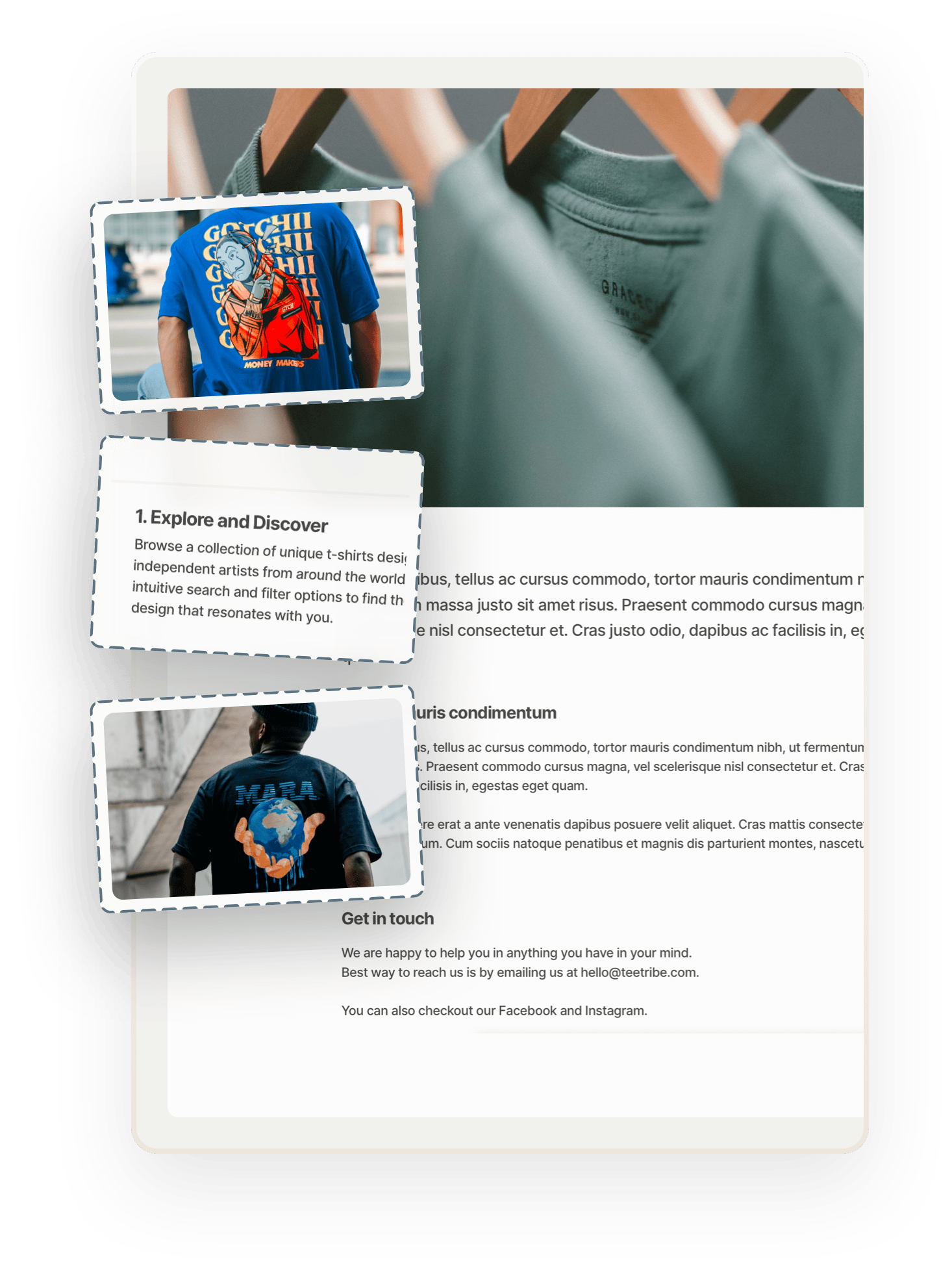 A sample page on a marketplace. At the top, a close-up image of three green t-shirts on wooden hangers. Below, there's classic Lorem ipsum text. Images of people wearing t-shirts and a box of text are overlaid on top.