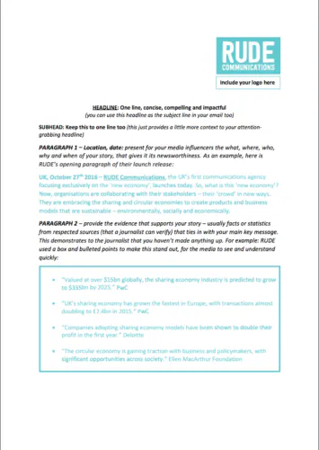 Press Release Template for PR for the Sharing Economy