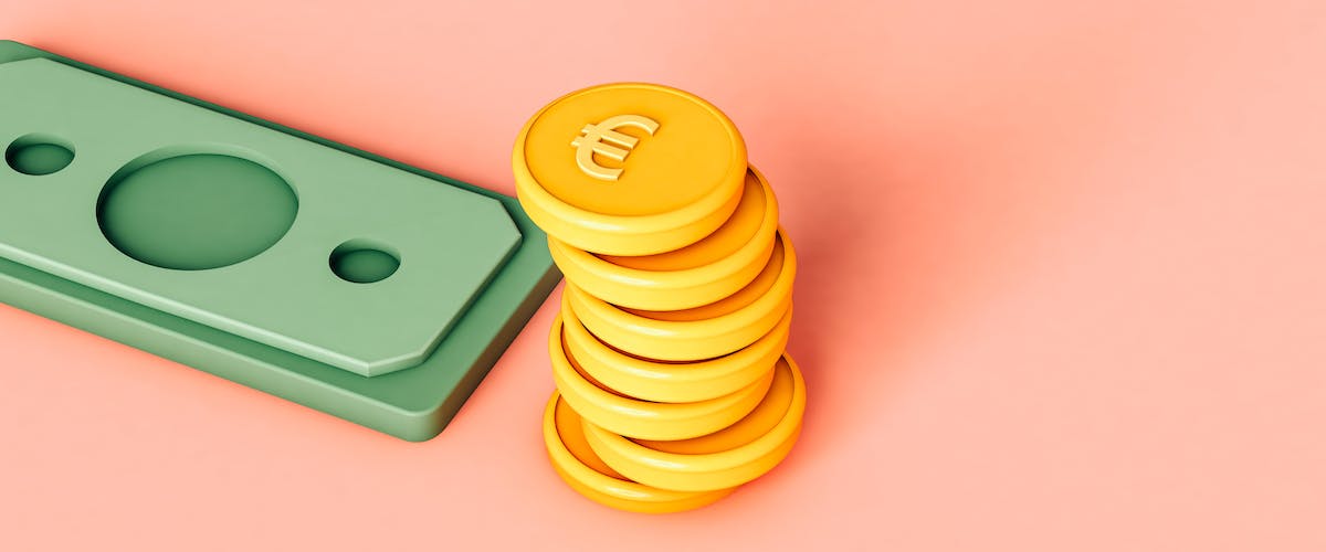 Stack of yellow 3D coins and green banknote on pink background.