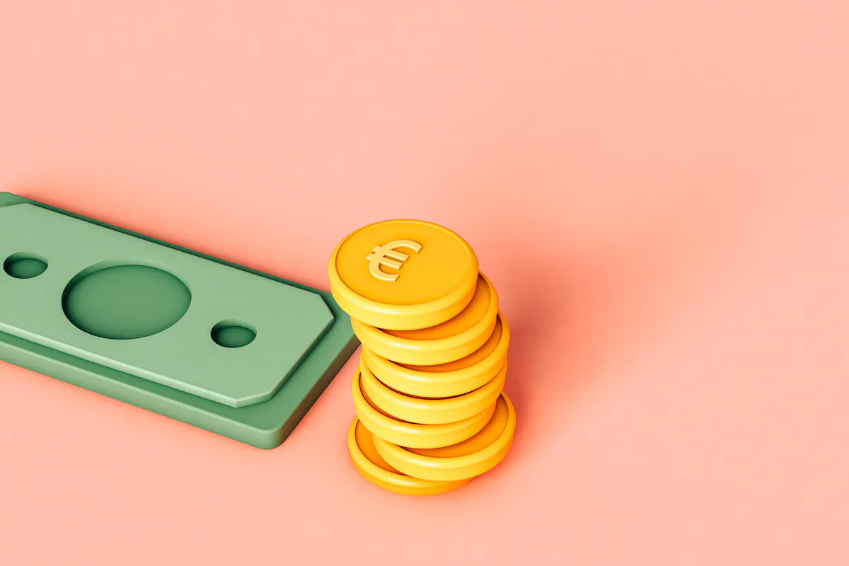 Stack of yellow 3D coins and green banknote on pink background.