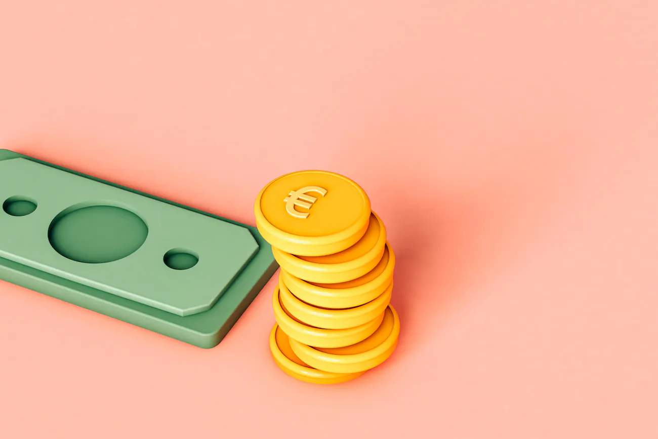 Stack of yellow 3D coins and green banknote on pink background.