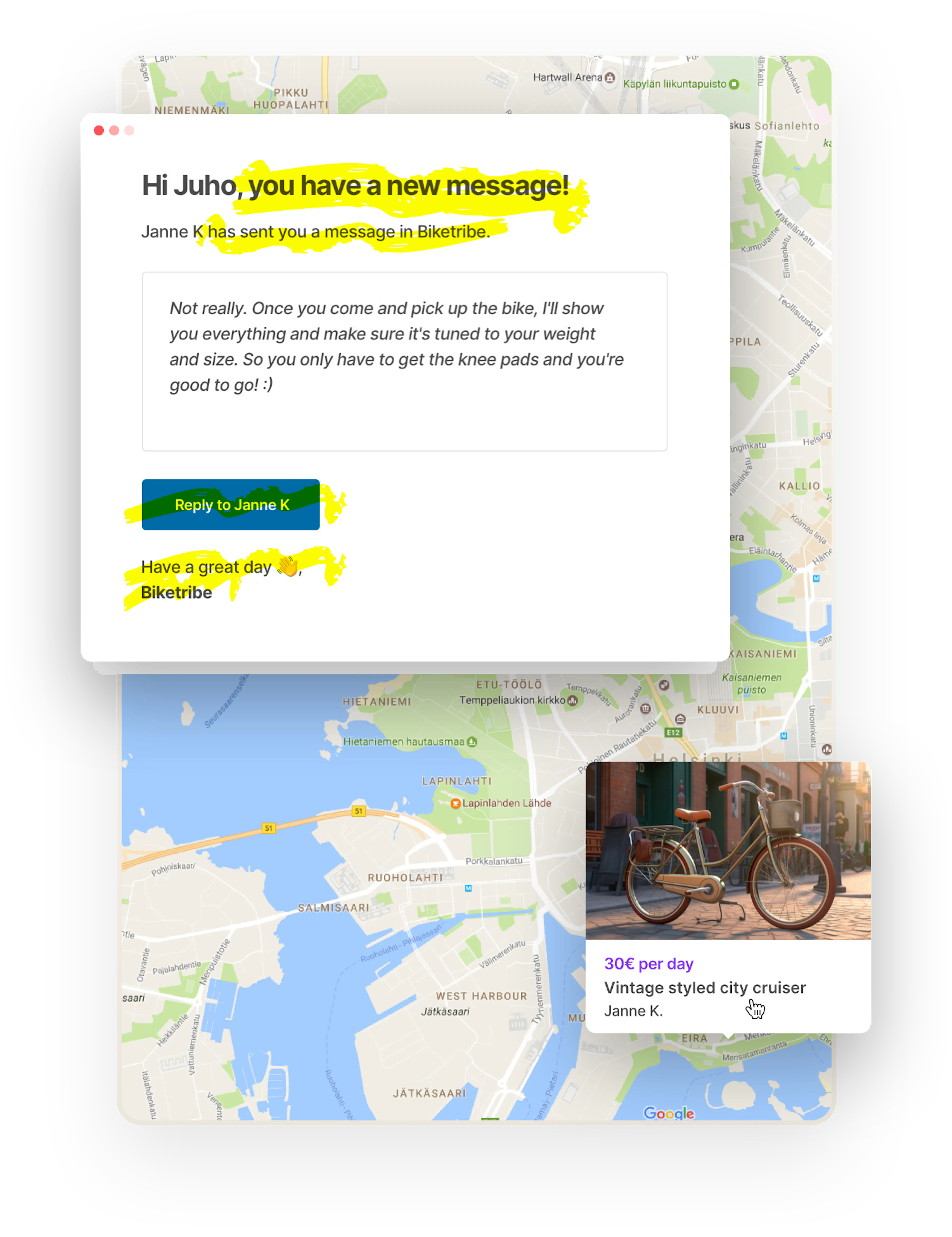 An email from the Biketribe marketplace. The email texts are highlighted to show you can change these texts.