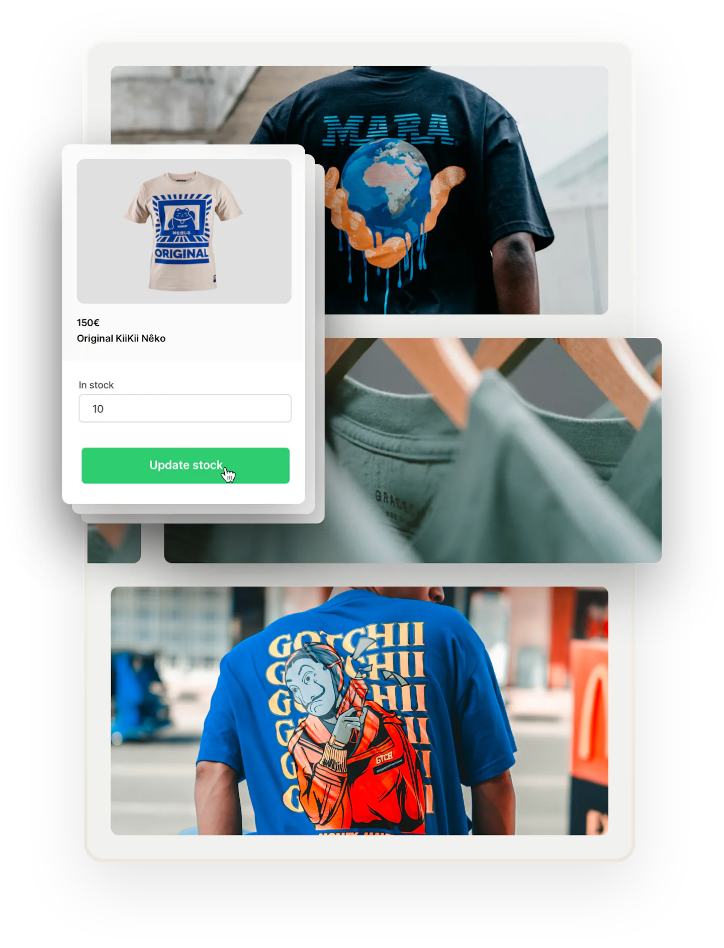 In the background, images of two people wearing print t-shirts, shot from the back, and three green shirts on hangers. Overlaid on top is the stock-editing feature. A seller is defining the stock of a t-shirt to ten.