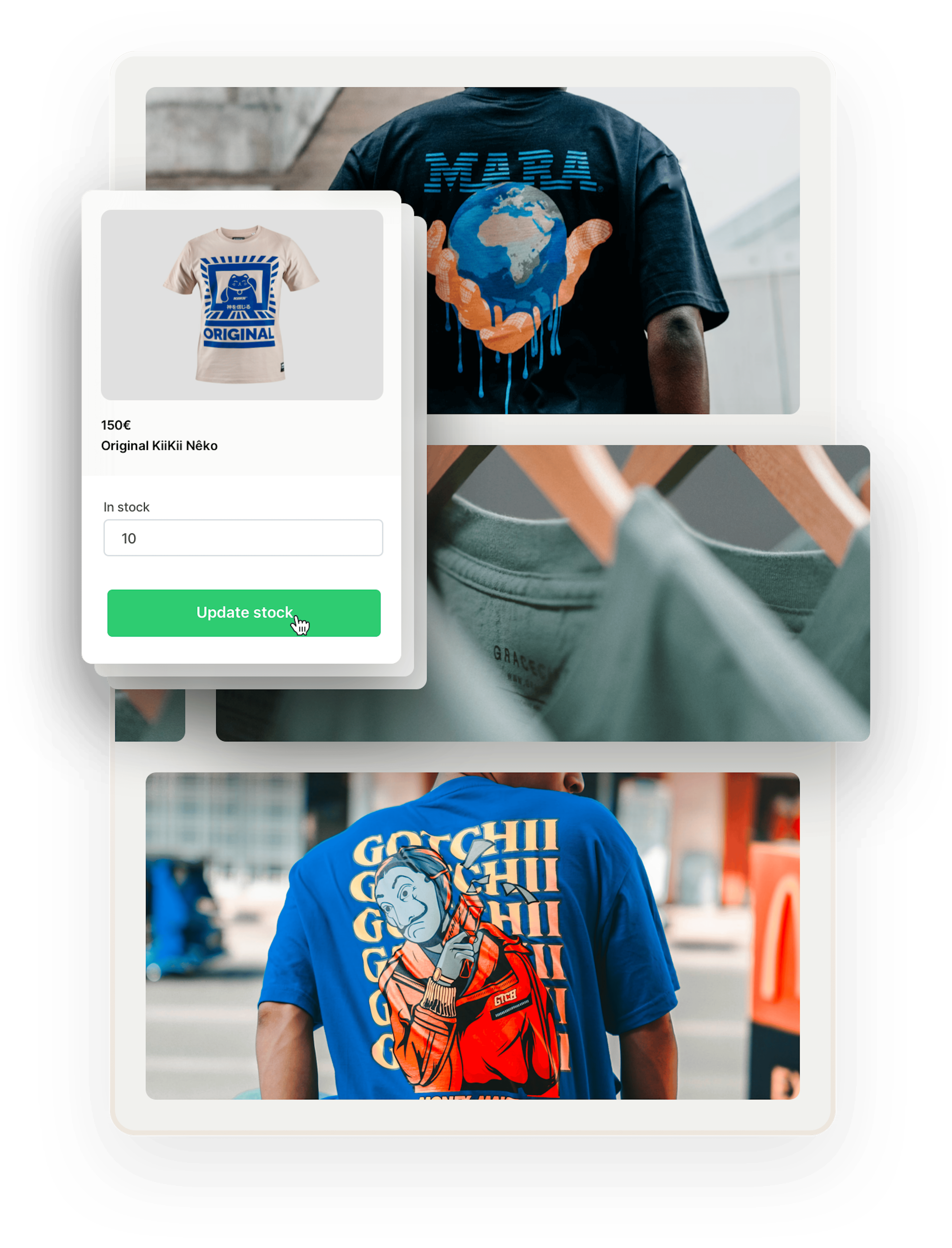 In the background, images of two people wearing print t-shirts, shot from the back, and three green shirts on hangers. Overlaid on top is the stock-editing feature. A seller is defining the stock of a t-shirt to ten.