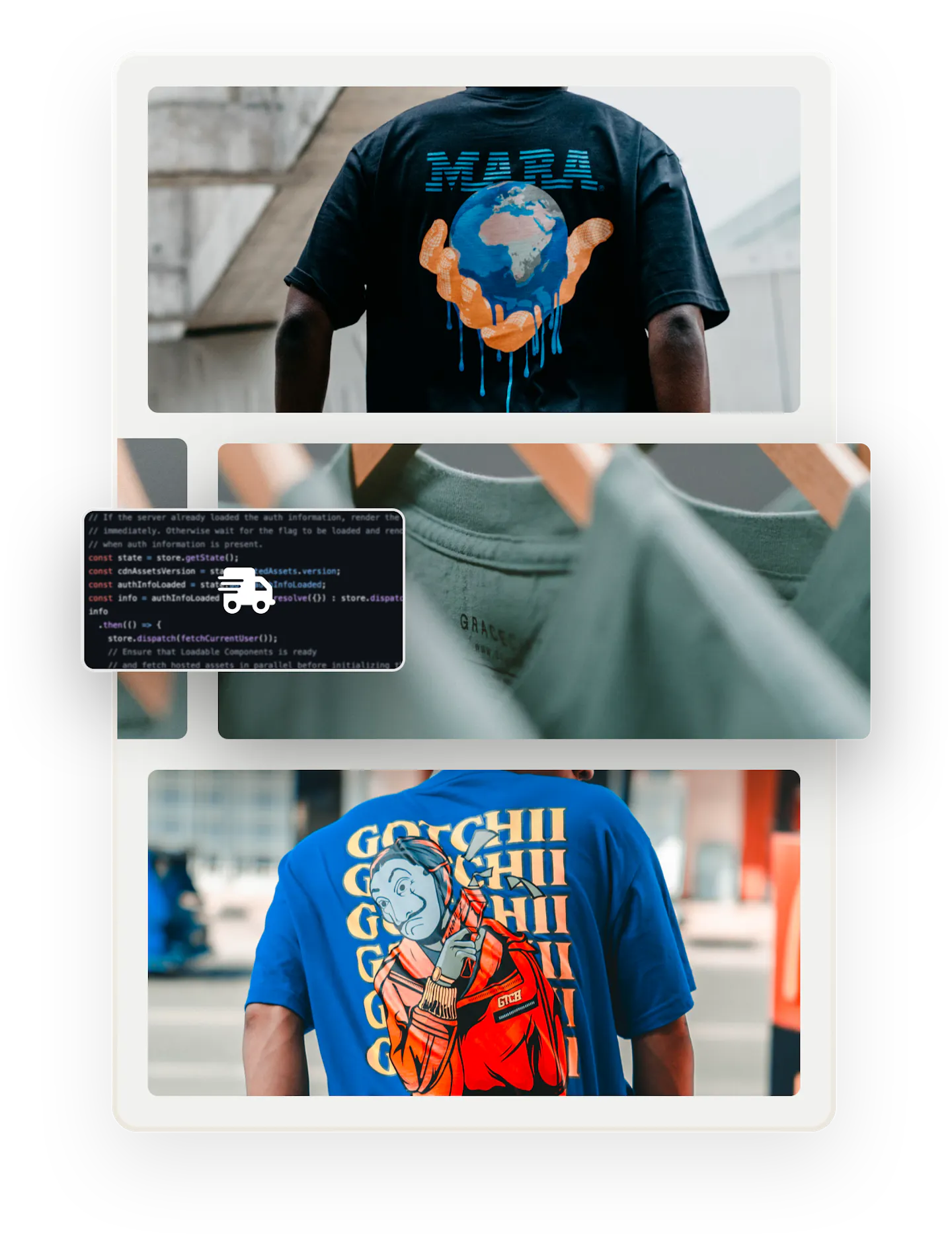 In the background, images of two people wearing print t-shirts, shot from the back, and three green shirts on hangers. Overlaid on top are box showing code, overlaid with a lorry symbolizing shipping.