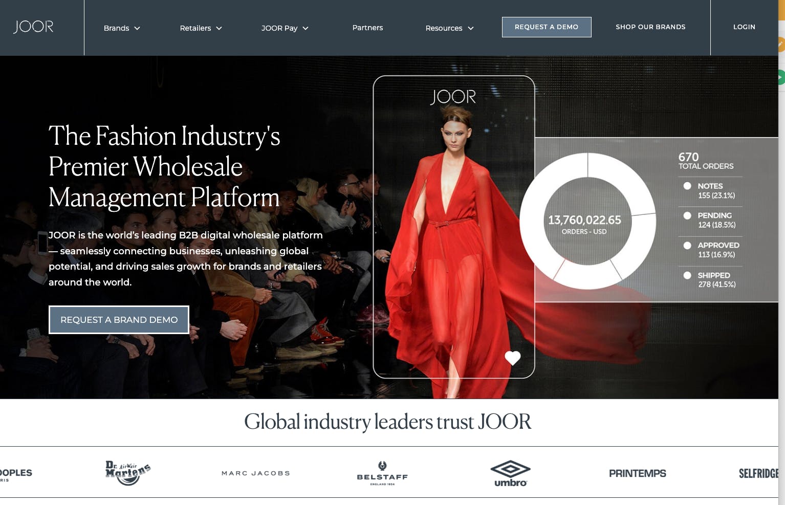 A screenshot of the homepage of Joor, a B2B marketplace for fashion wholesale.
