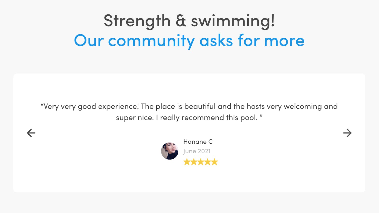 Screenshot of the Swimmy marketplace design showing a positive review, five stars, and name and image of review-giver.