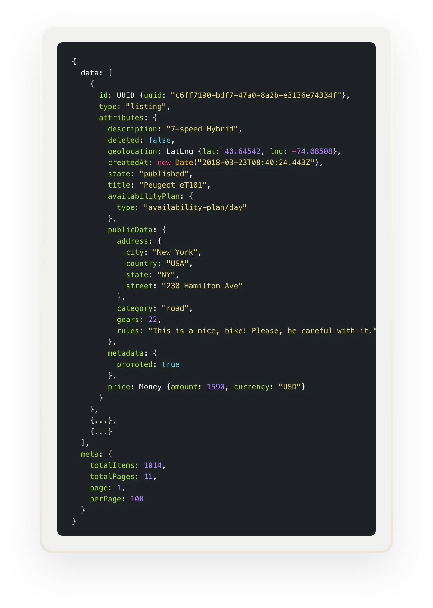 A snippet of React code, a technology Sharetribe uses. The snippet shows listing data.