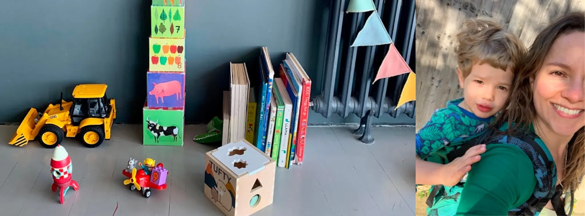 The Octopus Club founder Ana and her son and a picture of several children's toys on a grey floor.