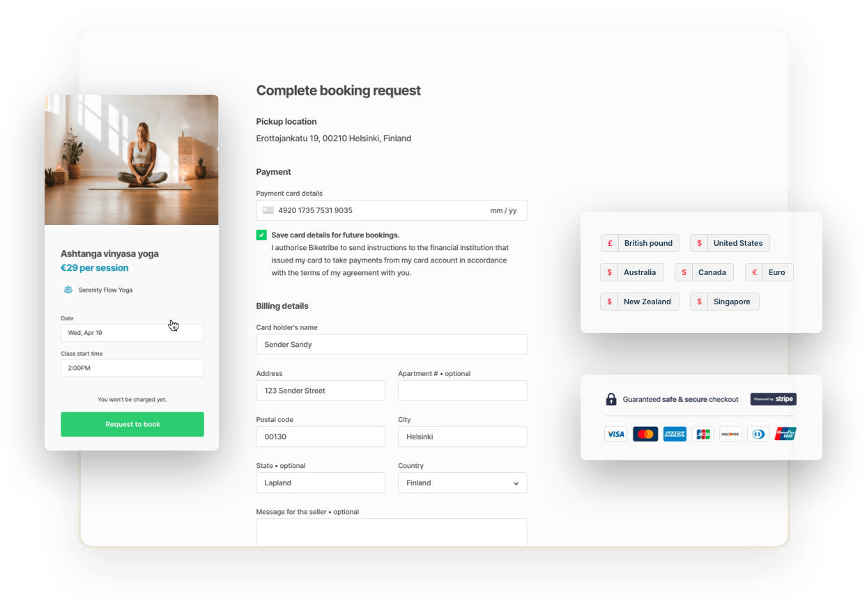 The checkout page for a yoga class booking with billing details. Overlaid on top is the booking form for the yoga class and boxes showing the accepted currencies and credit cards.