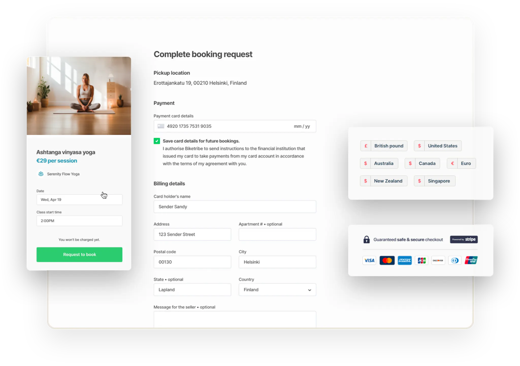 The checkout page for a yoga class booking with billing details. Overlaid on top is the booking form for the yoga class and boxes showing the accepted currencies and credit cards.