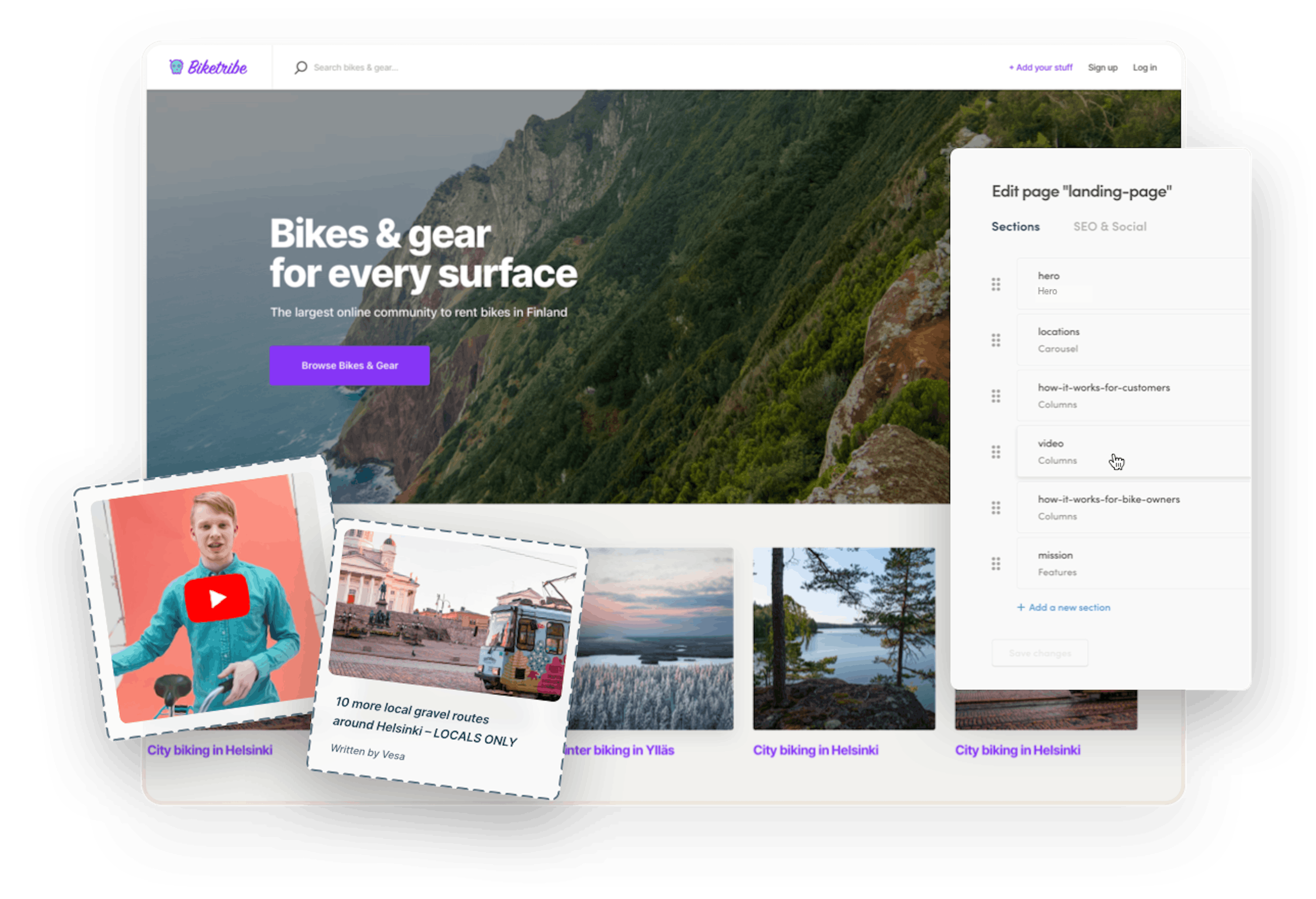 The landing page of a sample bike rental marketplace, overlaid with a video box, a blog thumbnail, and the Pages feature in Console, where you edit content.