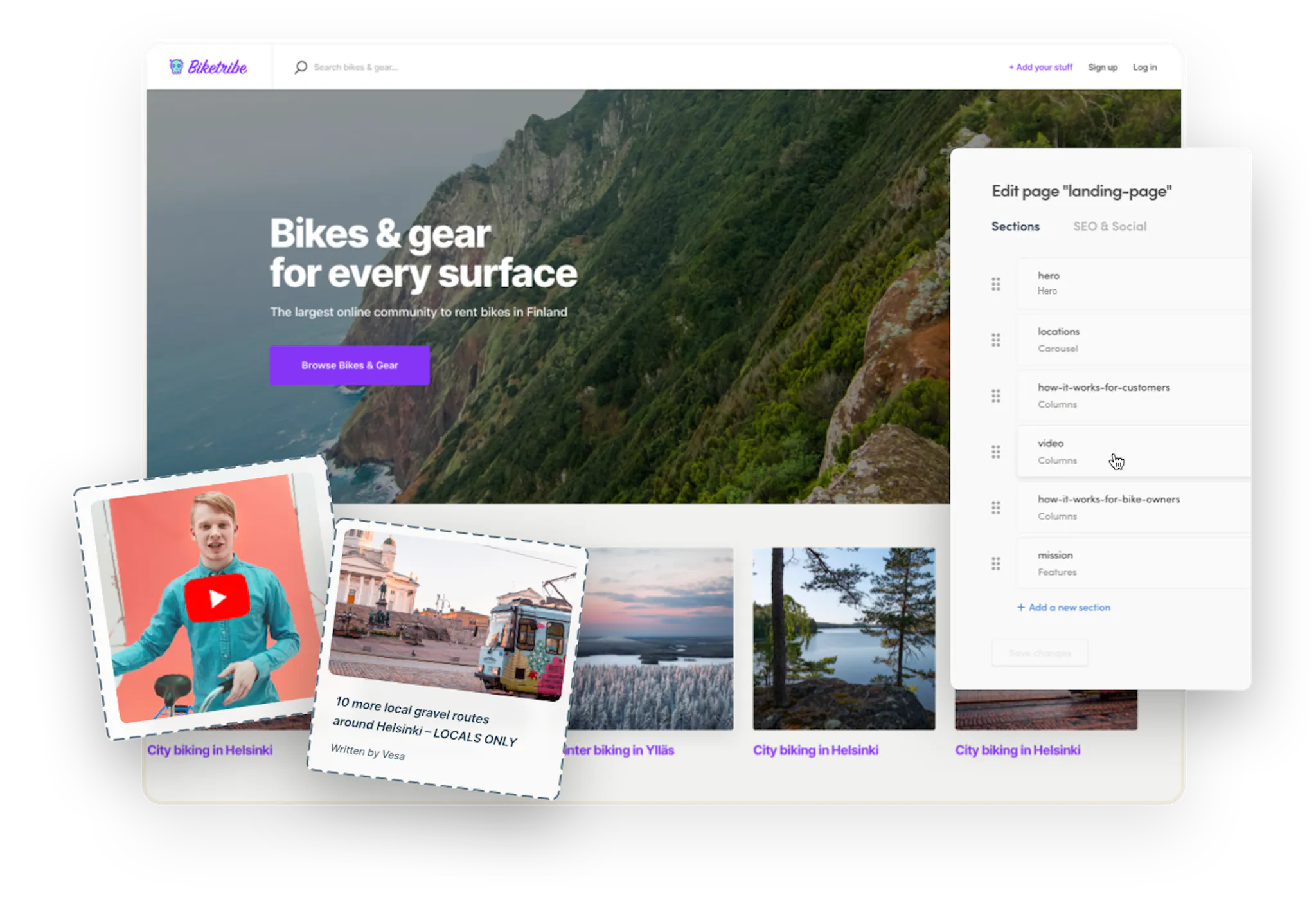 The landing page of a sample bike rental marketplace, overlaid with a video box, a blog thumbnail, and the Pages feature in Console, where you edit content.
