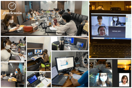 Collage of interpreters working on-site and remotely.