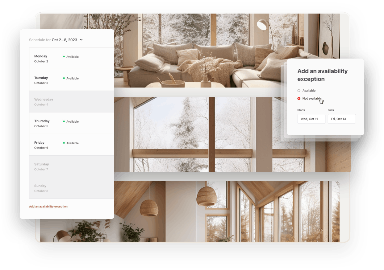 Three images of a cozy cottage with a fireplace. The interior is modern, and big windows open to beautiful snowy and autumn days. Overlaid with the availability management and availability exception features from the listing creation flow.