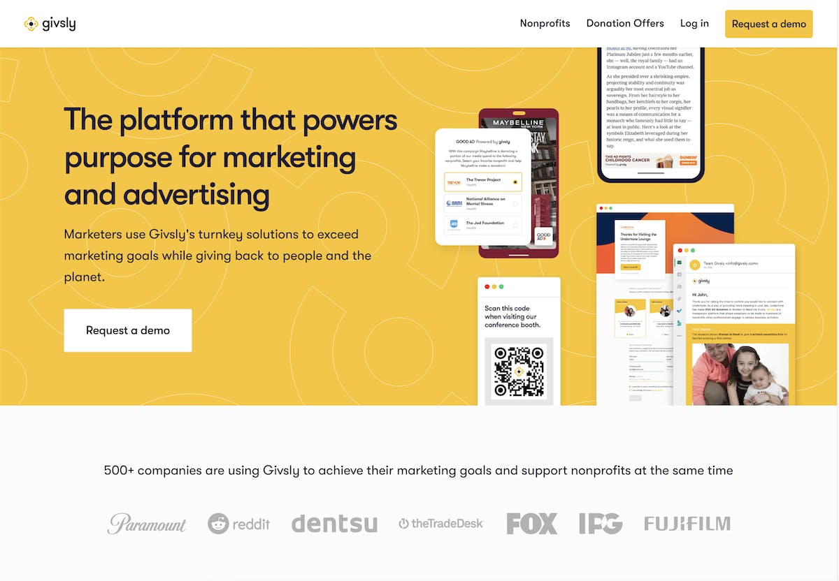 A screenshot of the Givsly landing page, featuring the value proposition: "The platform that powers purpose for marketing and advertising". The color scheme is yellow.