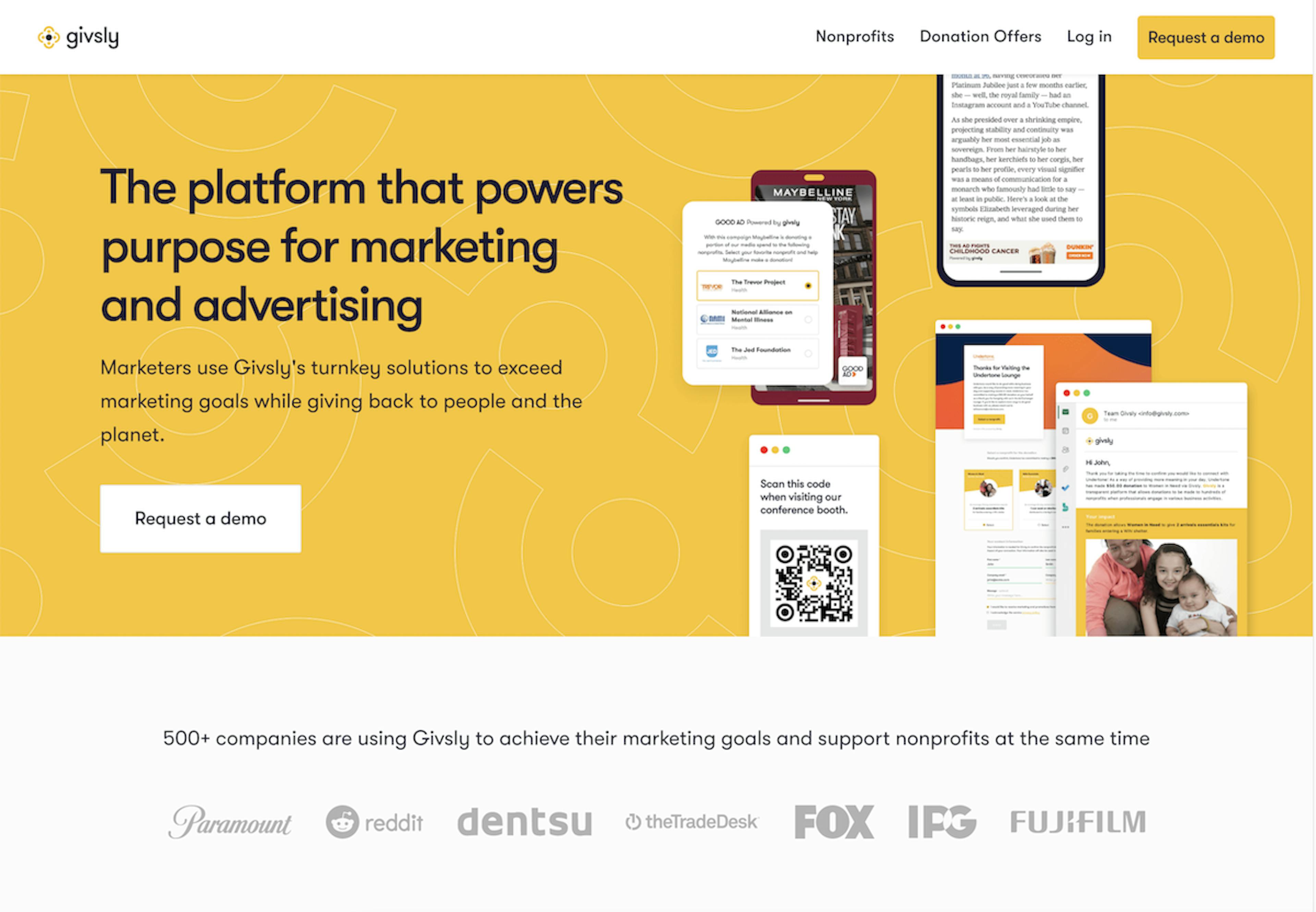 A screenshot of the Givsly landing page, featuring the value proposition: "The platform that powers purpose for marketing and advertising". The color scheme is yellow.