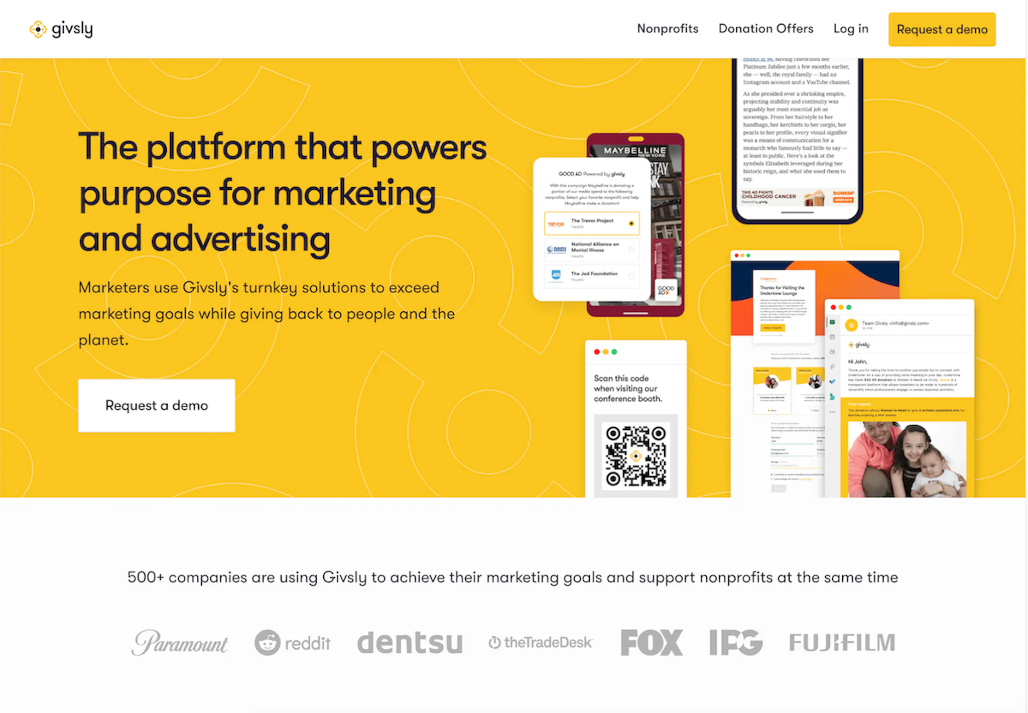 A screenshot of the Givsly landing page, featuring the value proposition: "The platform that powers purpose for marketing and advertising". The color scheme is yellow.