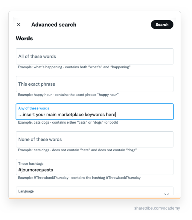 Screenshot of how to use Twitter's advanced search.