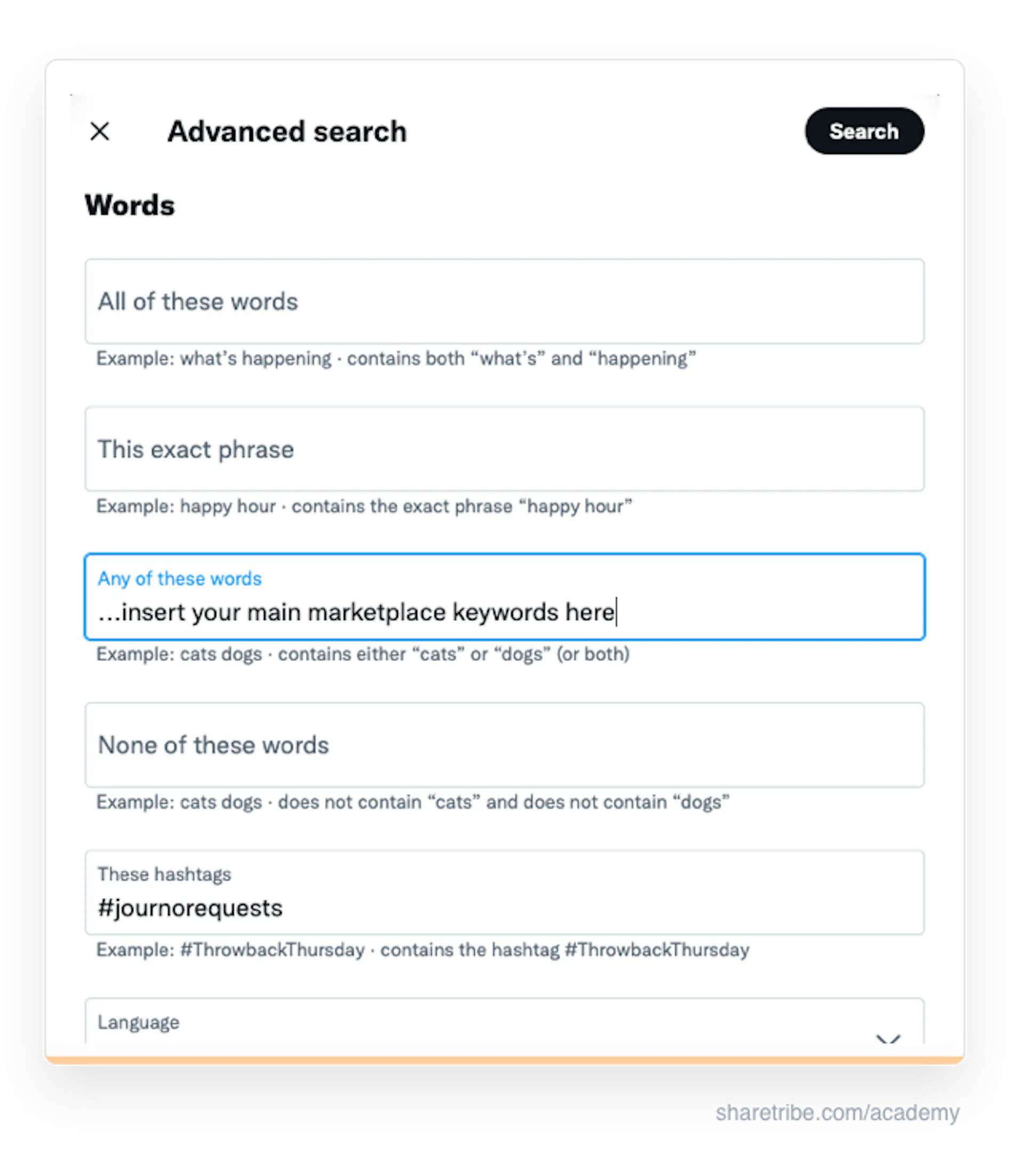 Screenshot of how to use Twitter's advanced search.
