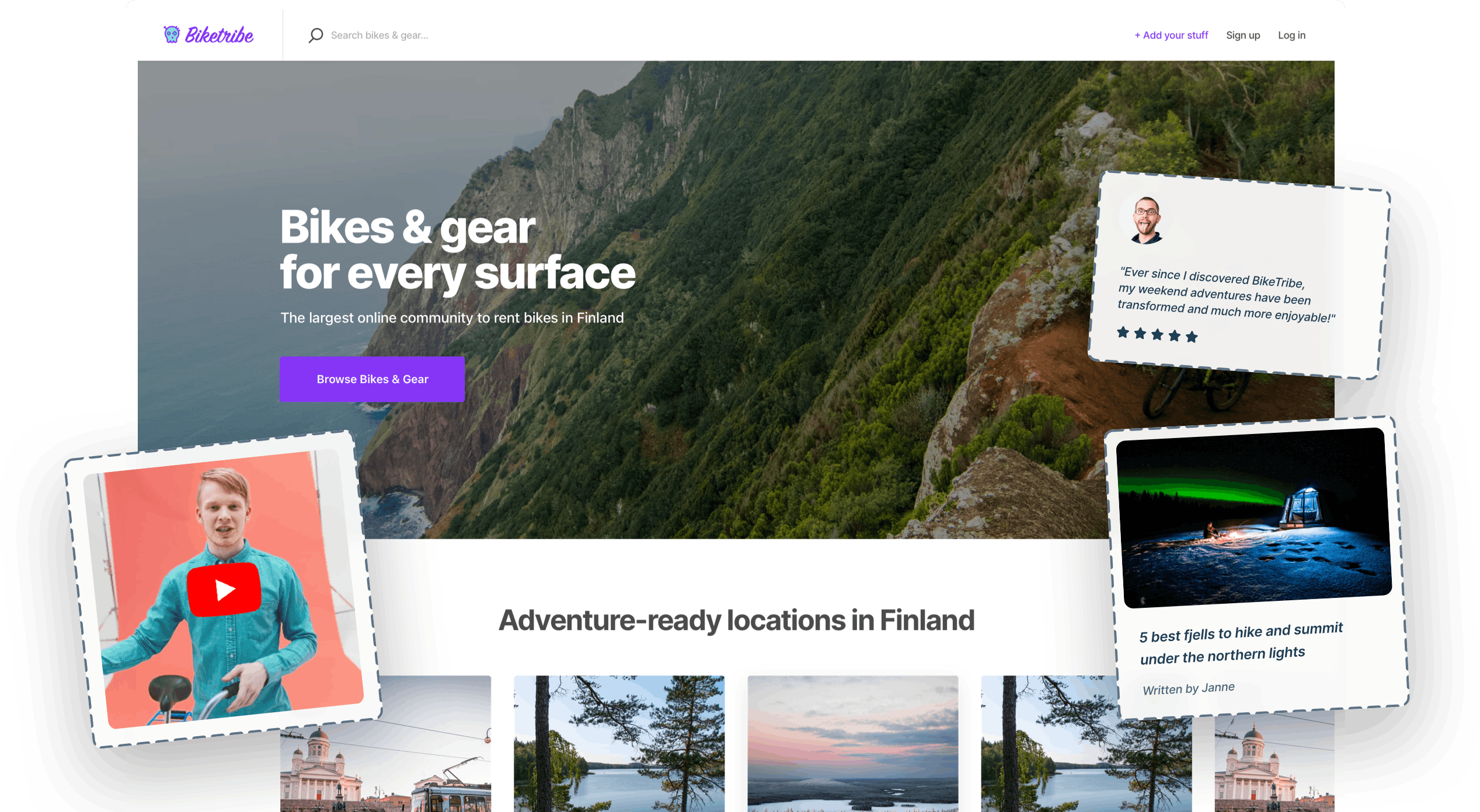 A landing page of a sample bike-rental marketplace. Overlaid on top is a box with a video, a five-star review, and a thumbnail for a blog post.
