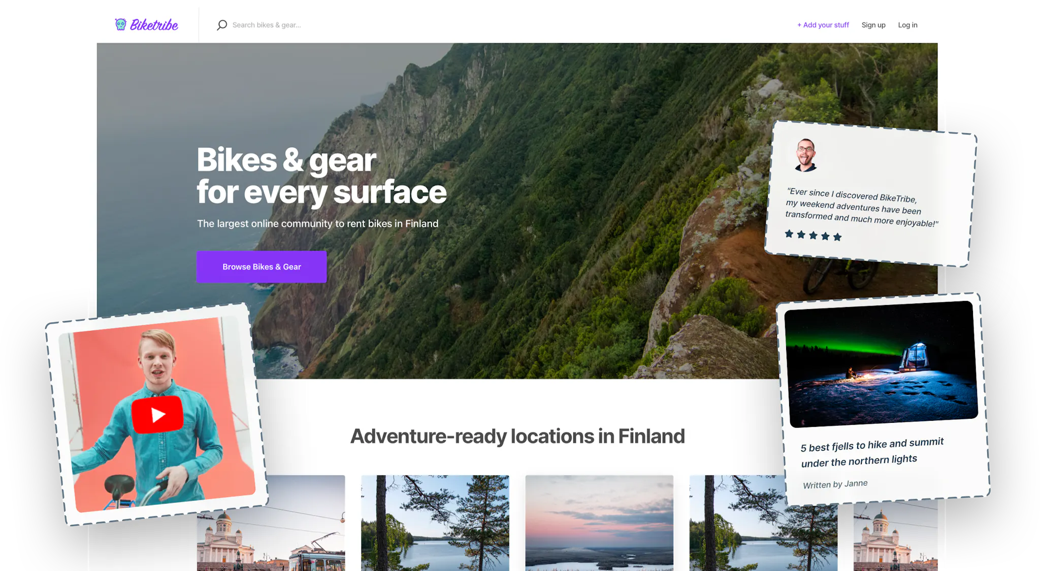 A landing page of a sample bike-rental marketplace. Overlaid on top is a box with a video, a five-star review, and a thumbnail for a blog post.