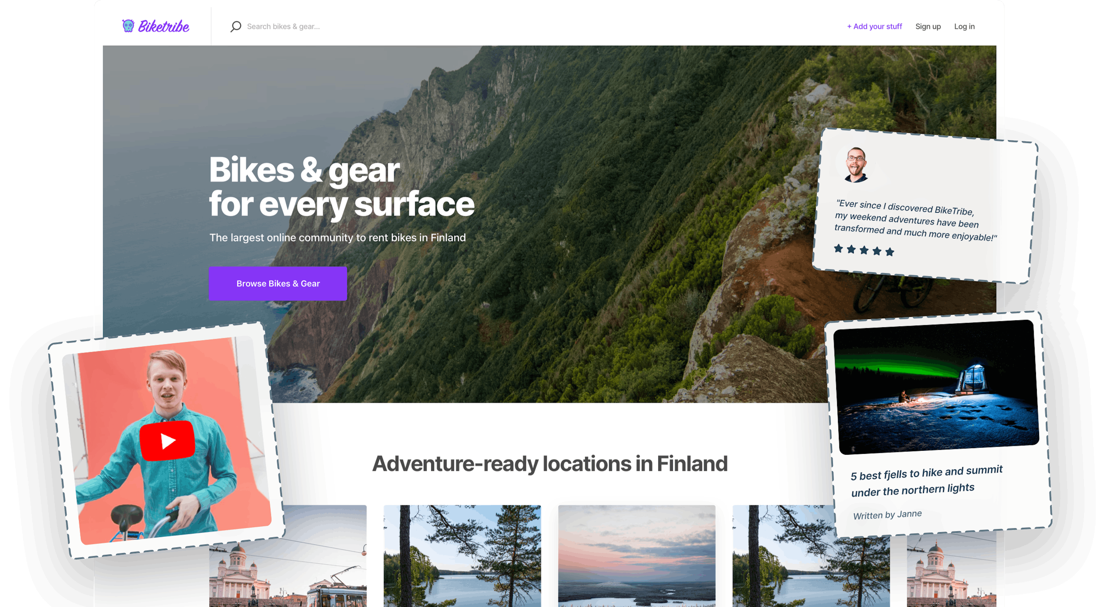 A landing page of a sample bike-rental marketplace. Overlaid on top is a box with a video, a five-star review, and a thumbnail for a blog post.