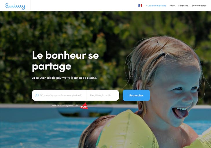 Screenshot of the landing page of Sharetribe customer Swimmy, a peer-to-peer pool rental marketplace.