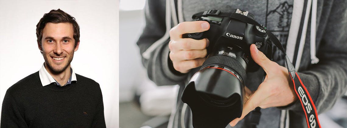 Canon Australia's product manager Anthony Cortis and hands holding Canon camera with lense hood.