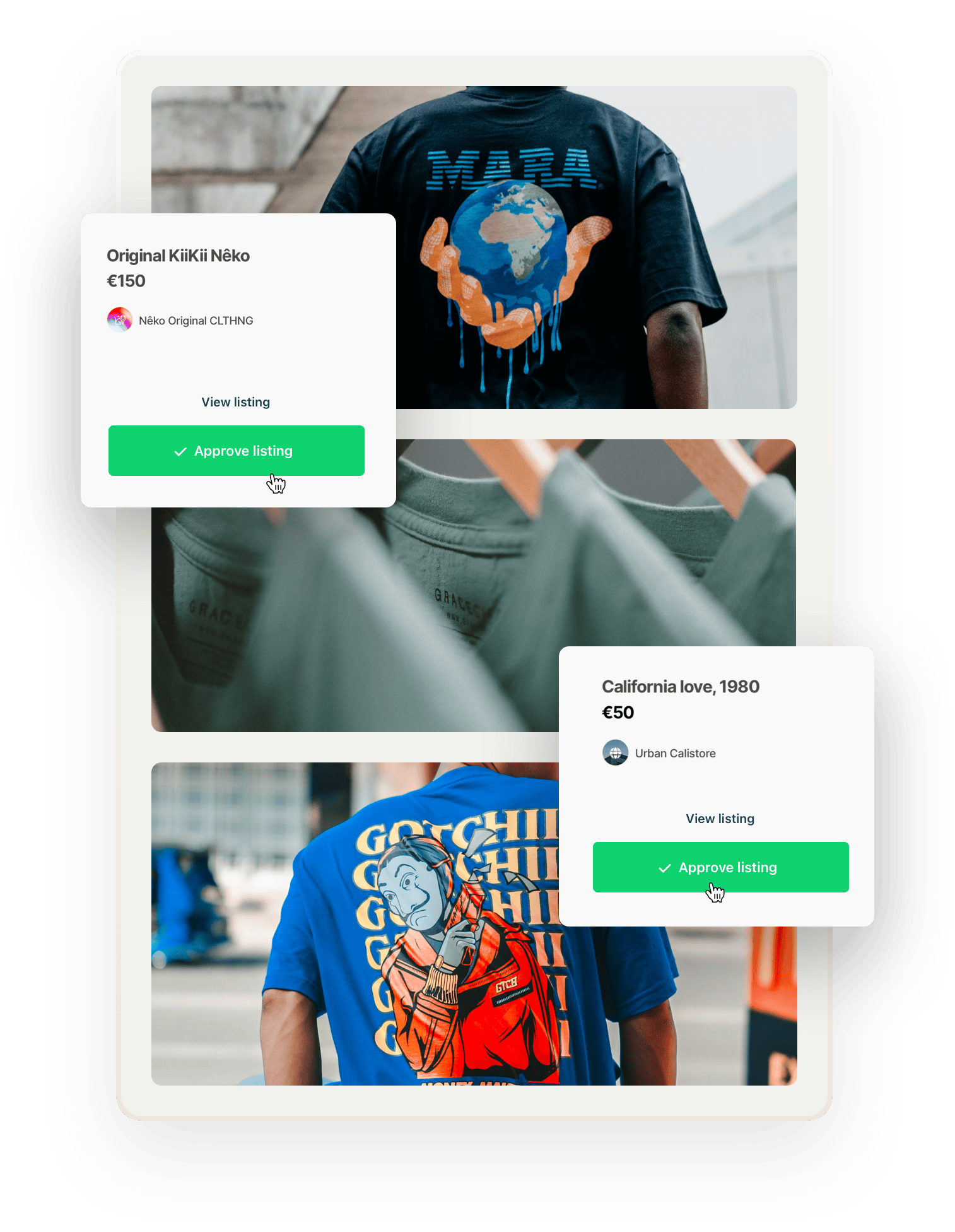 In the background, images of two people wearing print t-shirts, shot from the back, and three green shirts on hangers. Overlaid on top are two boxes of listings the operator needs to approve before they're published.