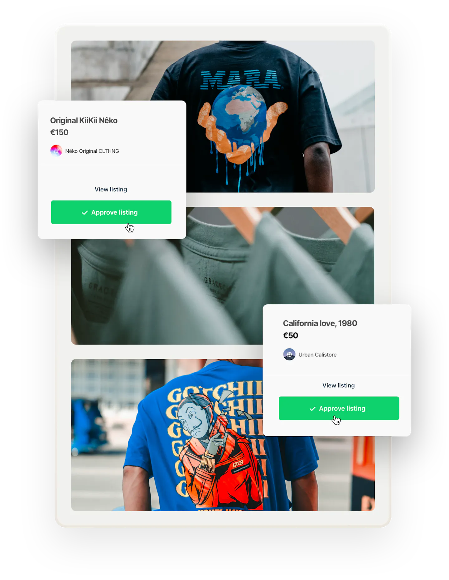 In the background, images of two people wearing print t-shirts, shot from the back, and three green shirts on hangers.  Overlaid on top are two boxes of listings the operator needs to approve before they're published.