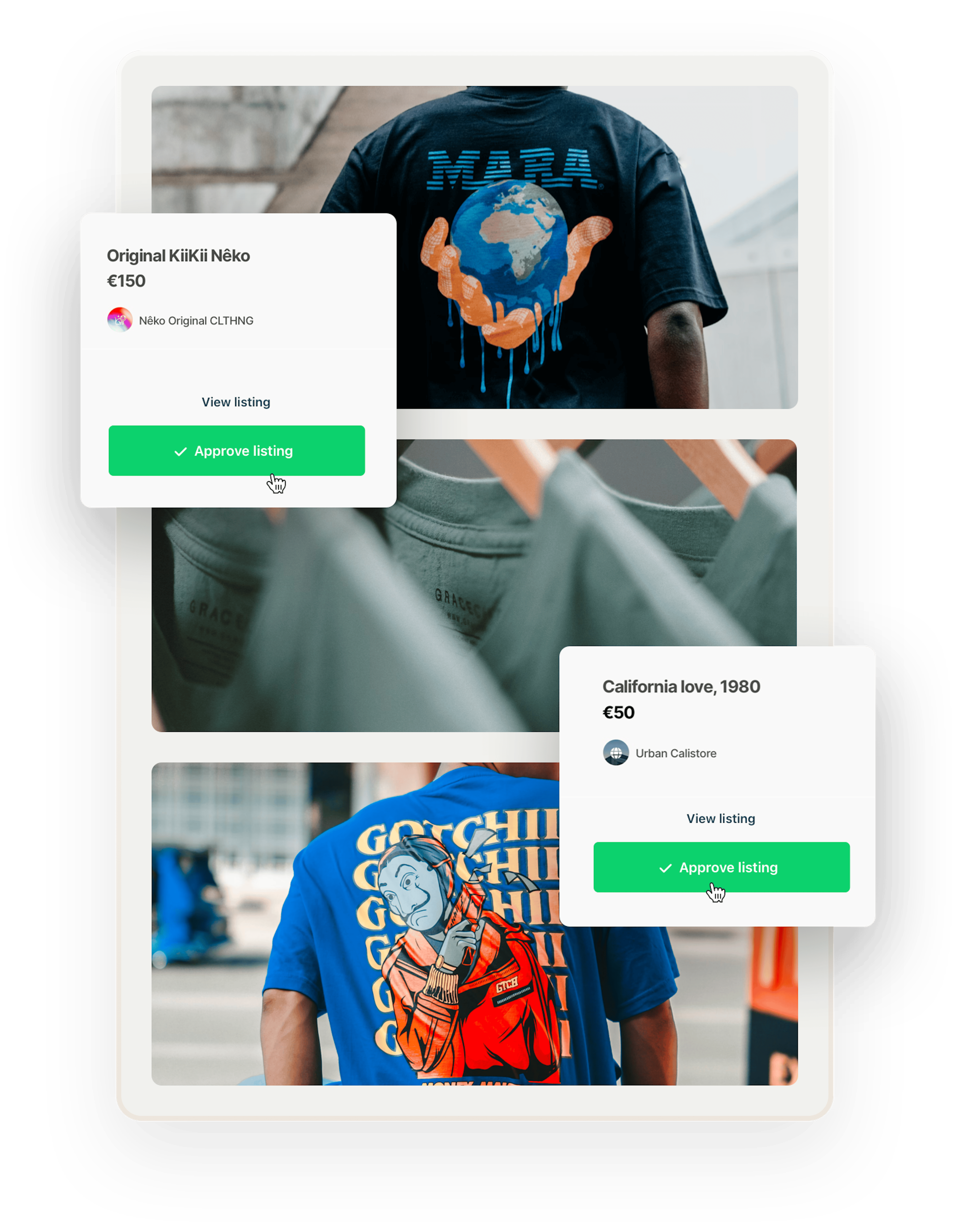 In the background, images of two people wearing print t-shirts, shot from the back, and three green shirts on hangers.  Overlaid on top are two boxes of listings the operator needs to approve before they're published.
