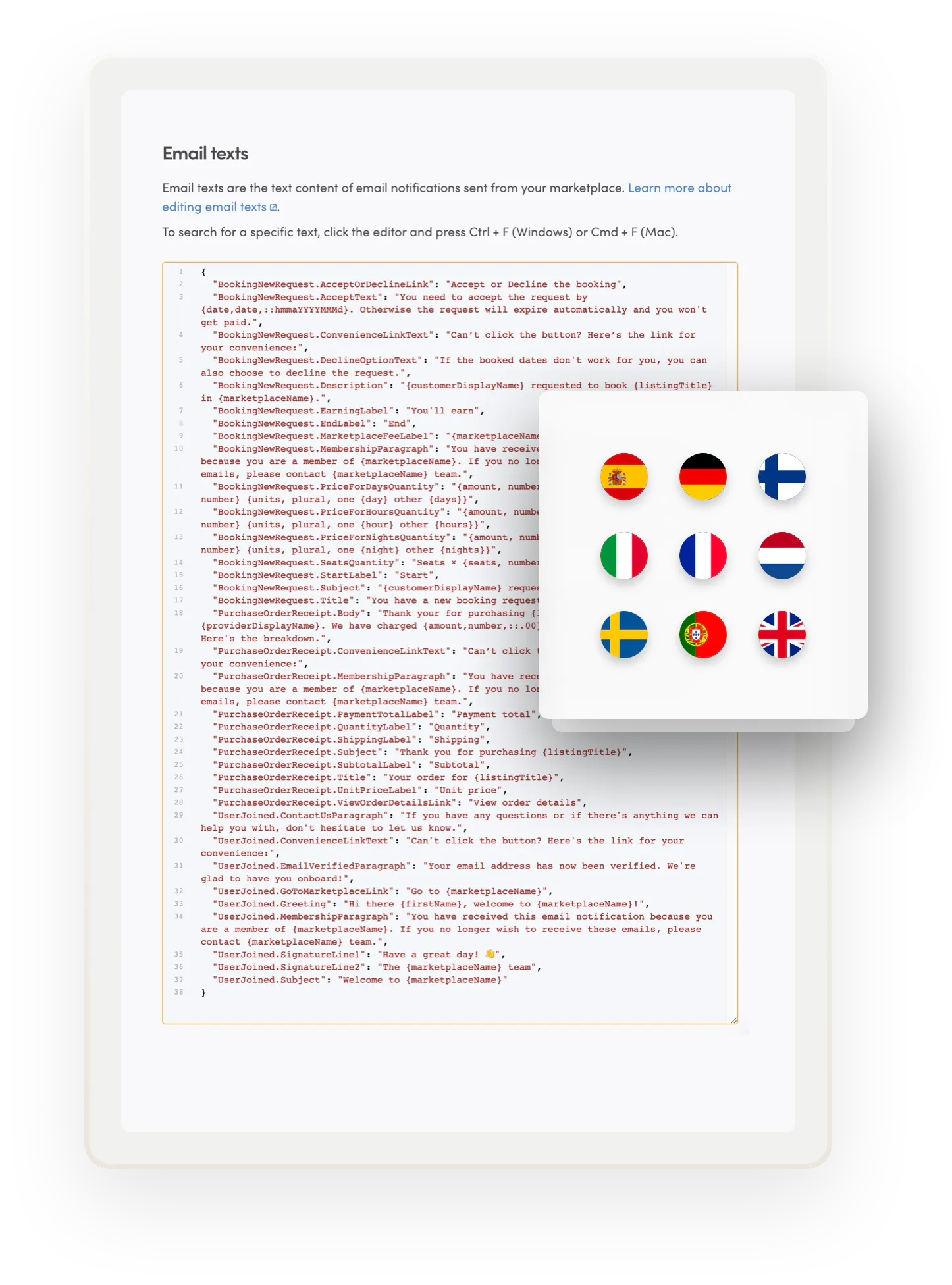 The email text editor in Console. Overlaid on top is a box with country flags, signifying different languages you can translate your marketplace into.
