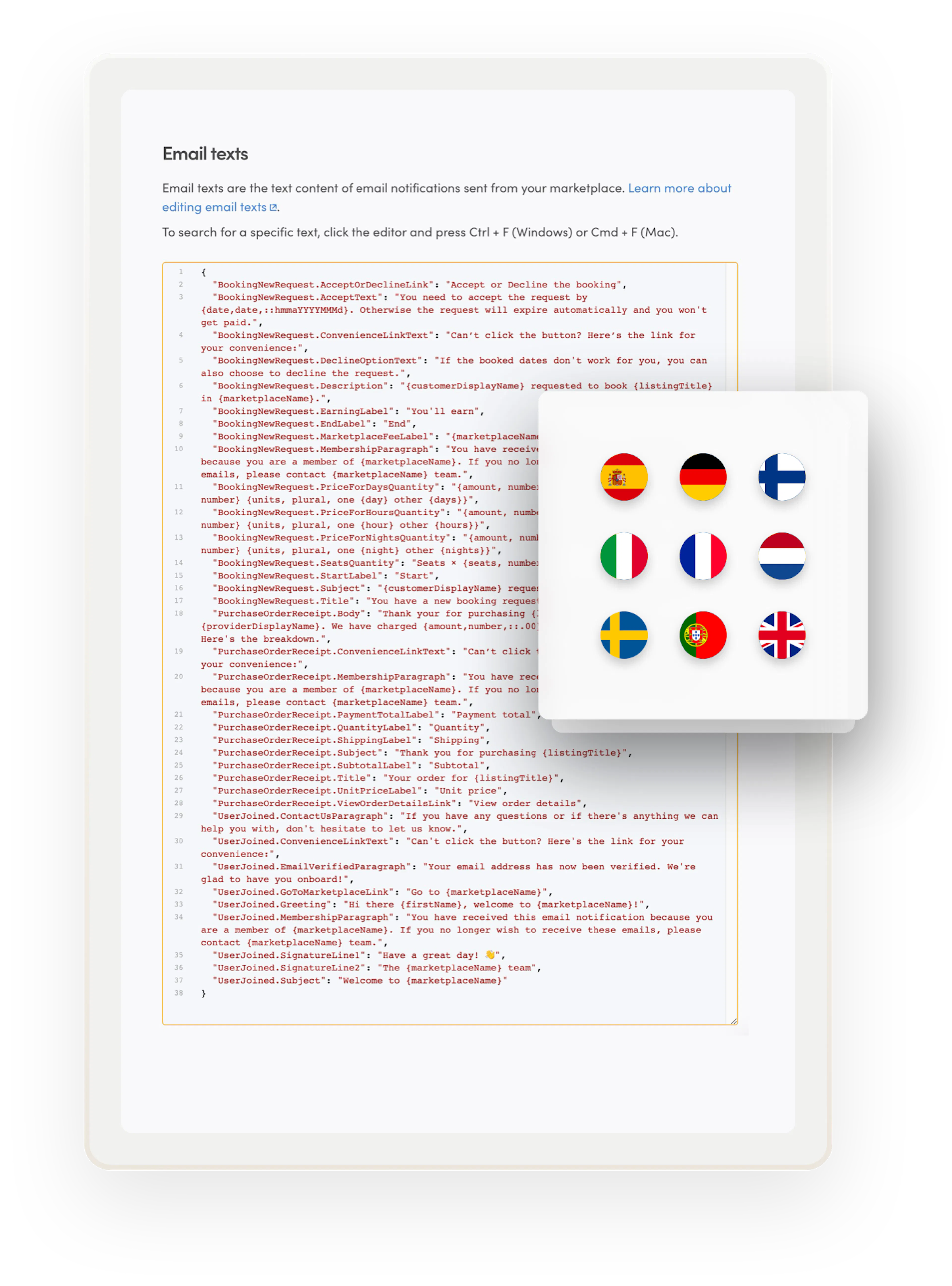 The email text editor in Console. Overlaid on top is a box with country flags, signifying different languages you can translate your marketplace into.