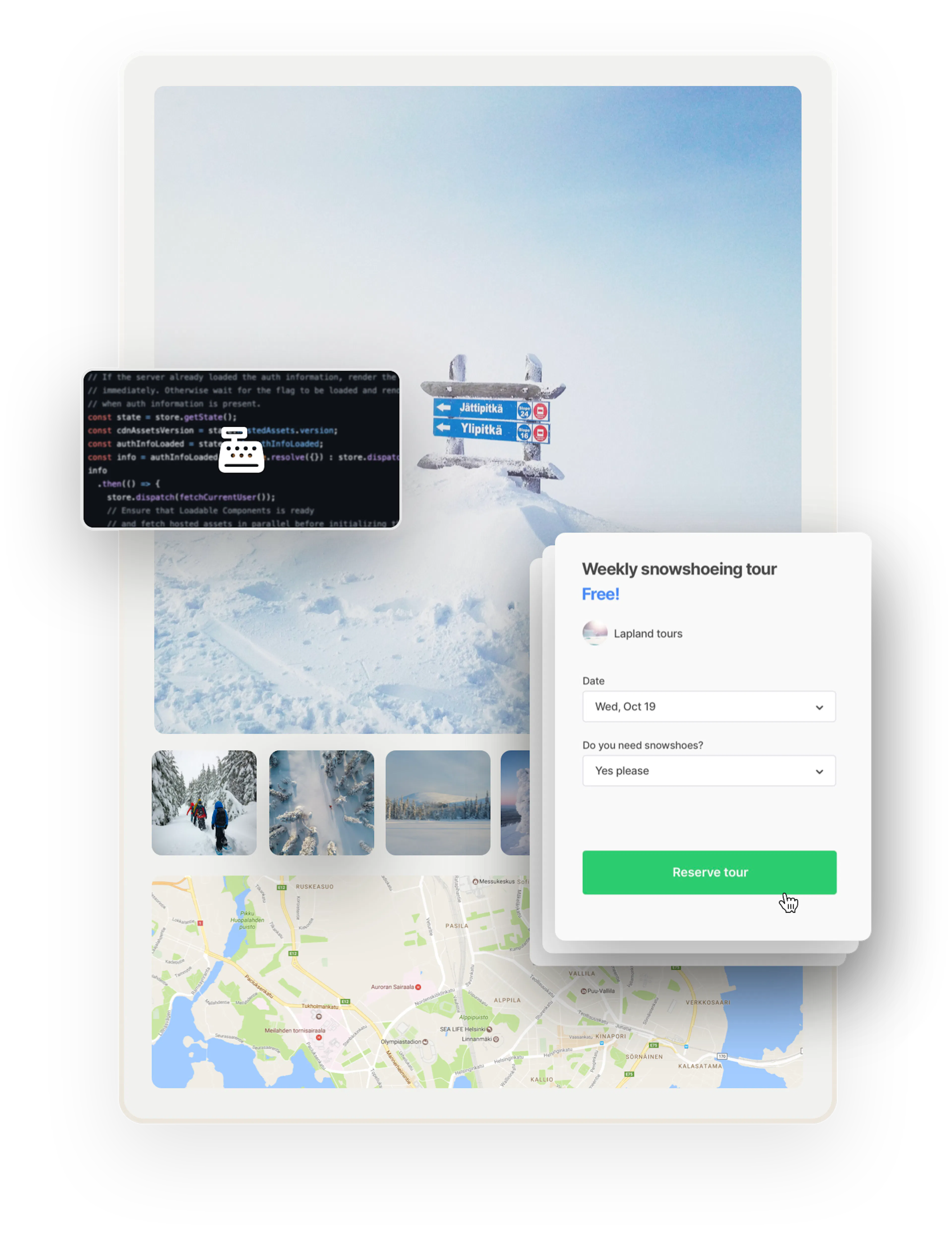 The top of the Ylläs mountain. Below are other images of wintry Finnish Lapland and a map. Overlaid on top are a booking form with a Reserve tour button and a box of code with a cashier symbol.
