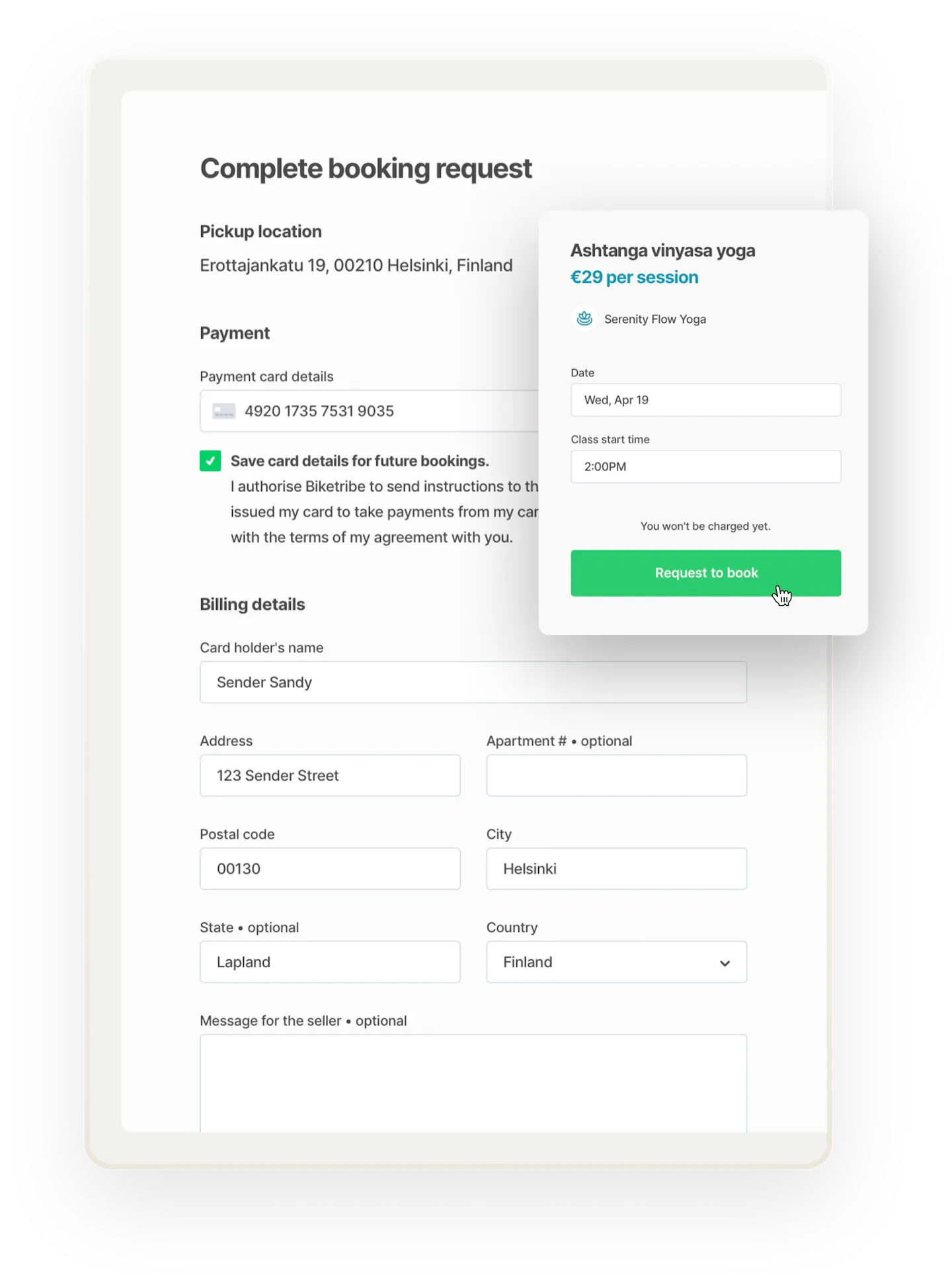 The checkout page for yoga class booking with payment card and billing details. The booking is for a class called Ashtanga vinyasa yoga. 
