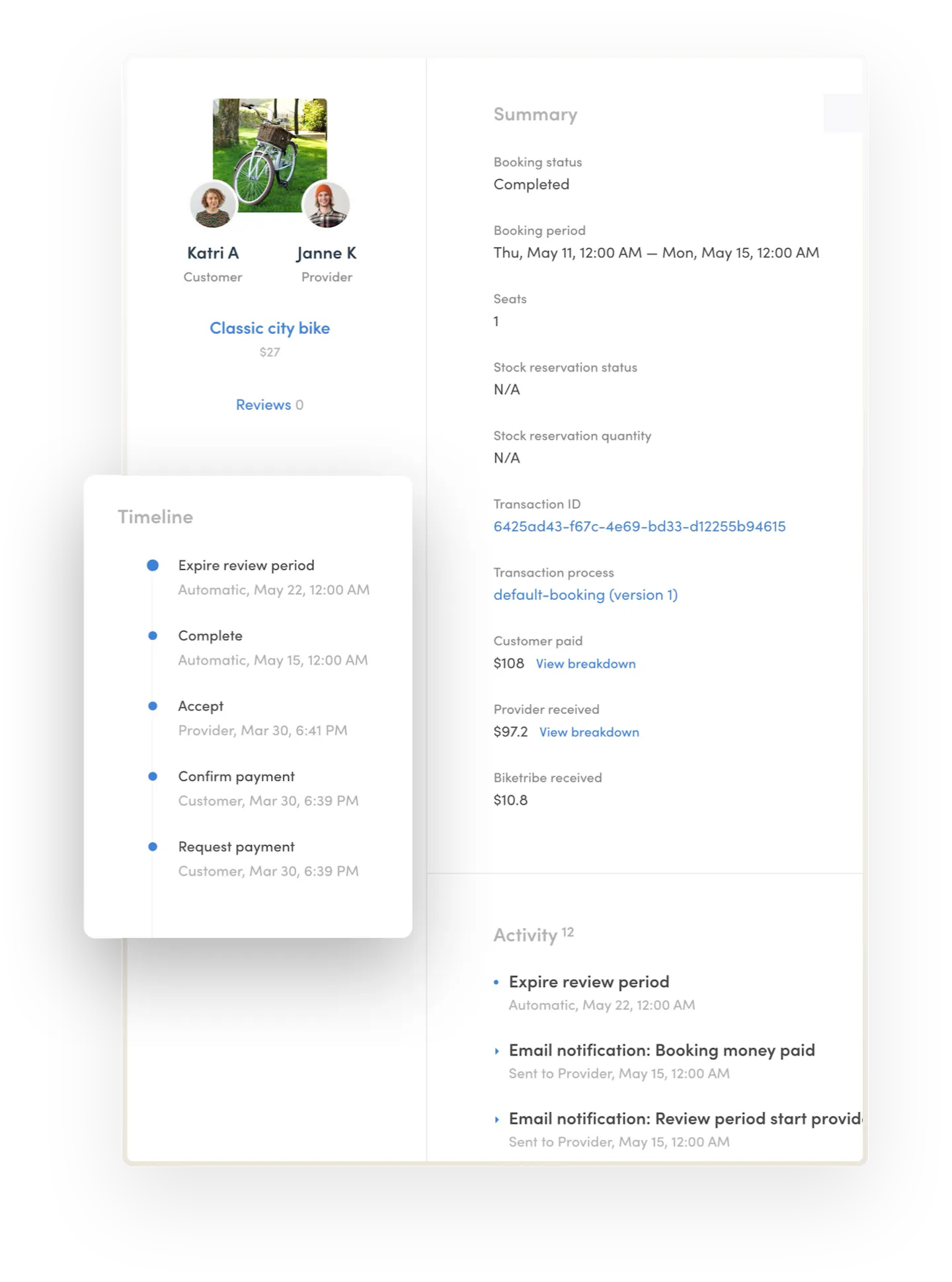 The marketplace operator has opened a transaction card in Console. The card shows the transaction participants, the listing name, and most importantly, a timeline from a payment request to reviews.