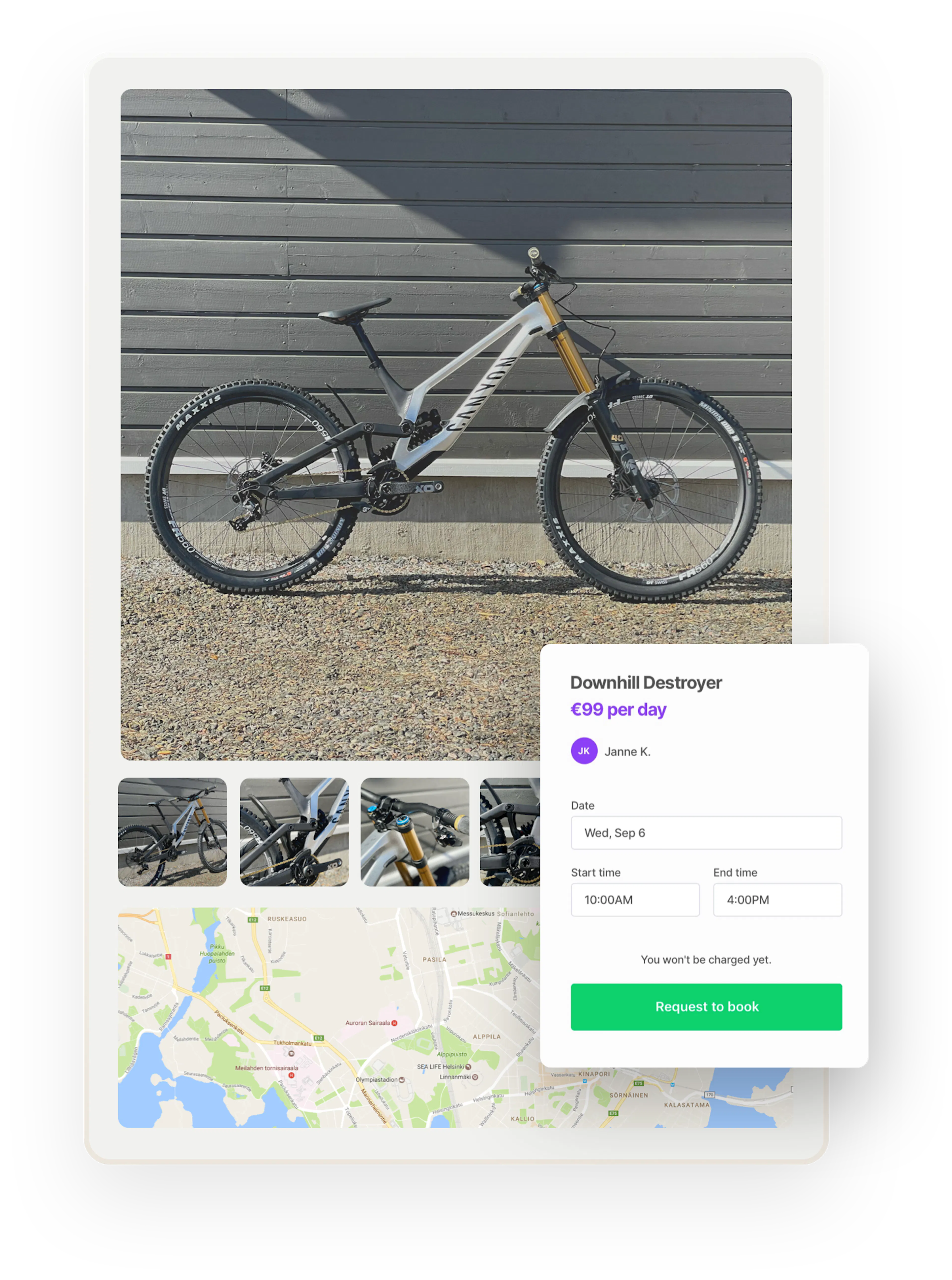 A big square image of a mountain bike named Downhill Destroyer with smaller pictures of the bike and a map below. Overlaid with a booking element.