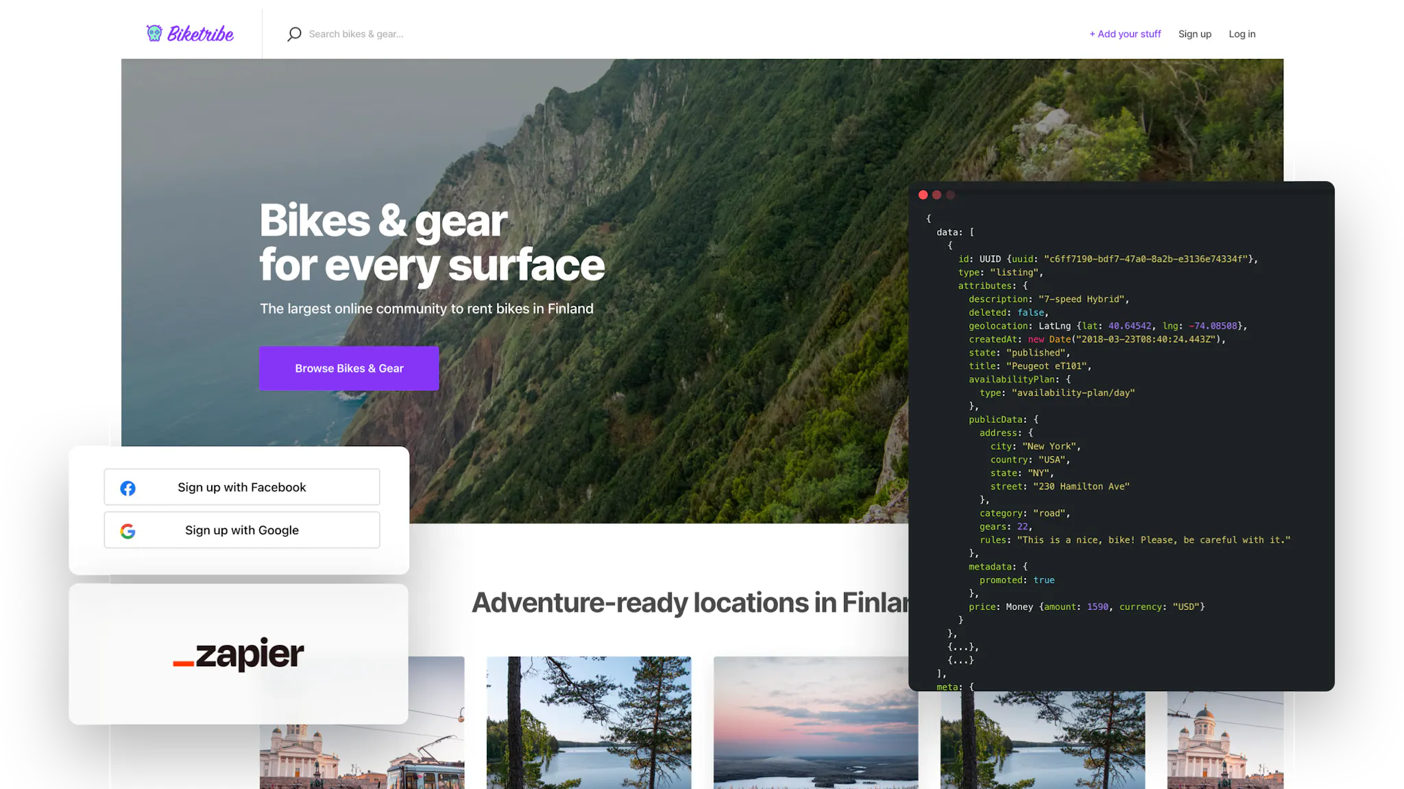 A landing page of sample bike-rental marketplace. Overlaid is a box with React code and social media logos.