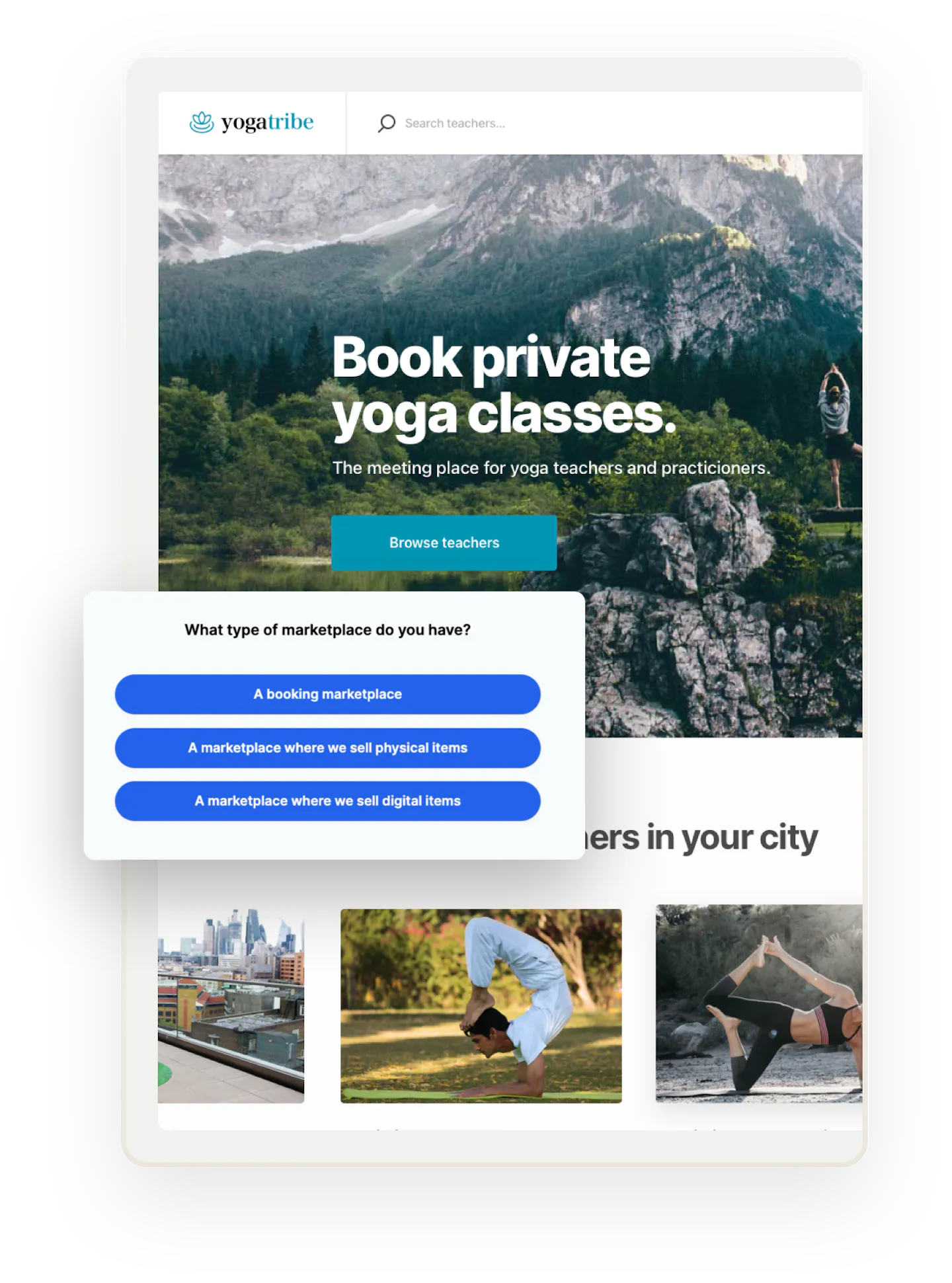 The home page of a yoga class marketplace. Overlaid on top is a snapshot of the ShopSync onboarding flow, asking the operator to share more details about their maarketplace.