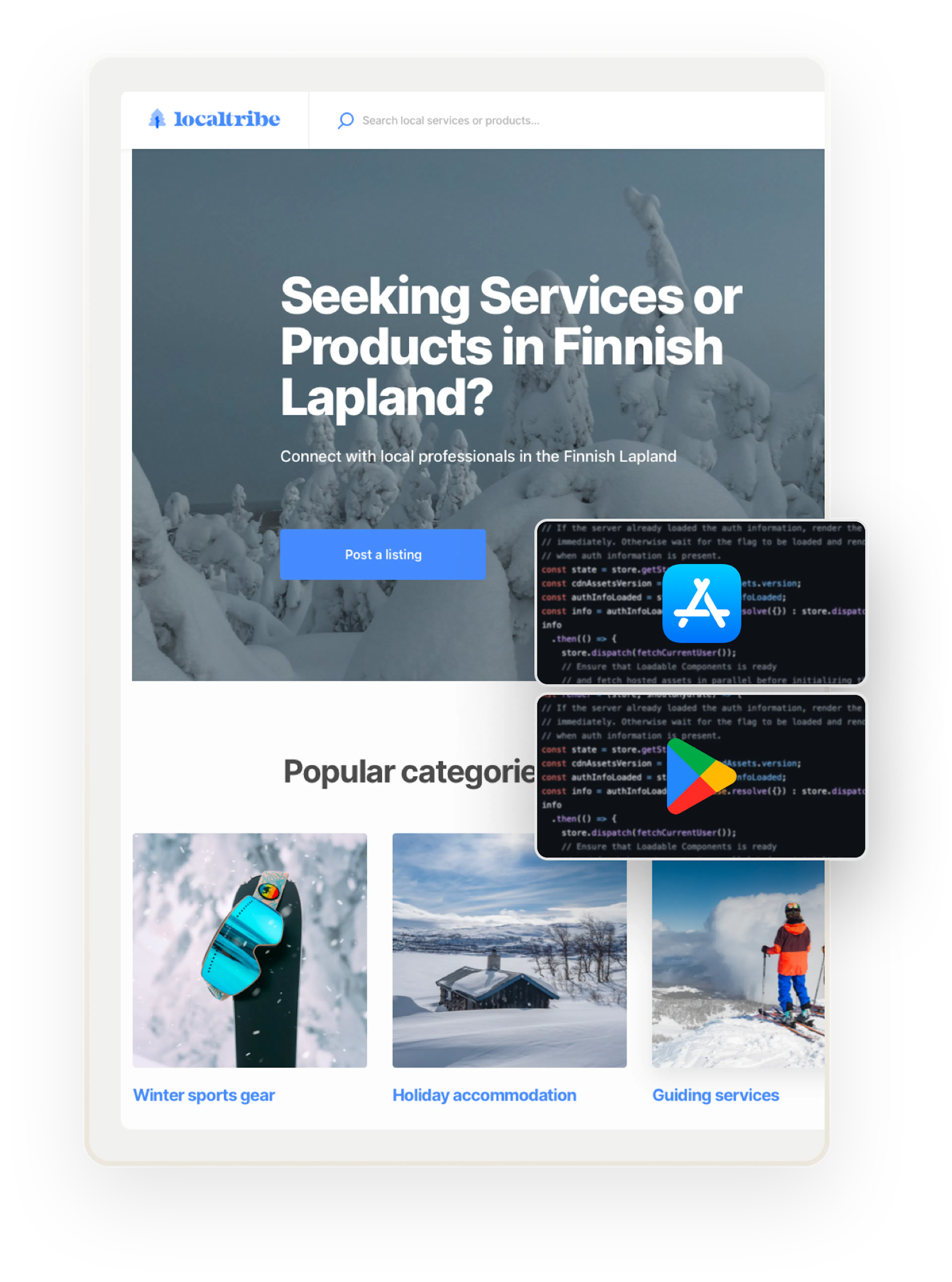A snapshot of a landing page for Localtribe, a sample marketplace in Finnish Lapland. Overlaid on top are two boxes showing code and the logos for Apple and Google's app stores, respectively.