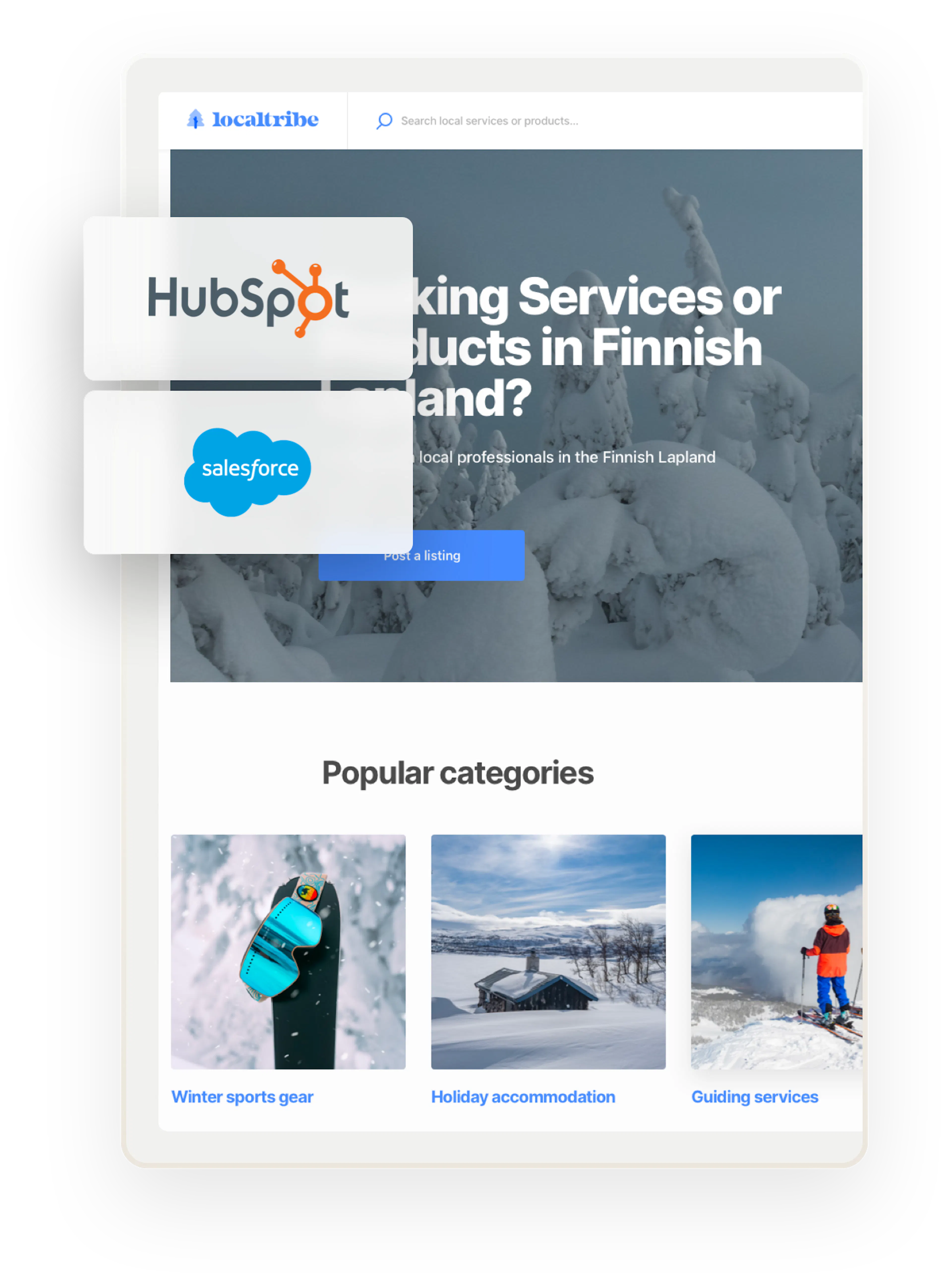 A snapshot of a landing page for Localtribe, a sample marketplace in Finnish Lapland. Overlaid on top are two boxes showing Hubspot and Salesforce logos.